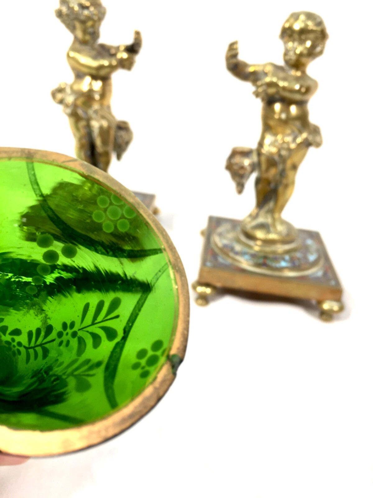 Home Decor Antique Pair Of French Gilt Bronze & Champlevé Enamel / Hand Painted Glass Vases photo