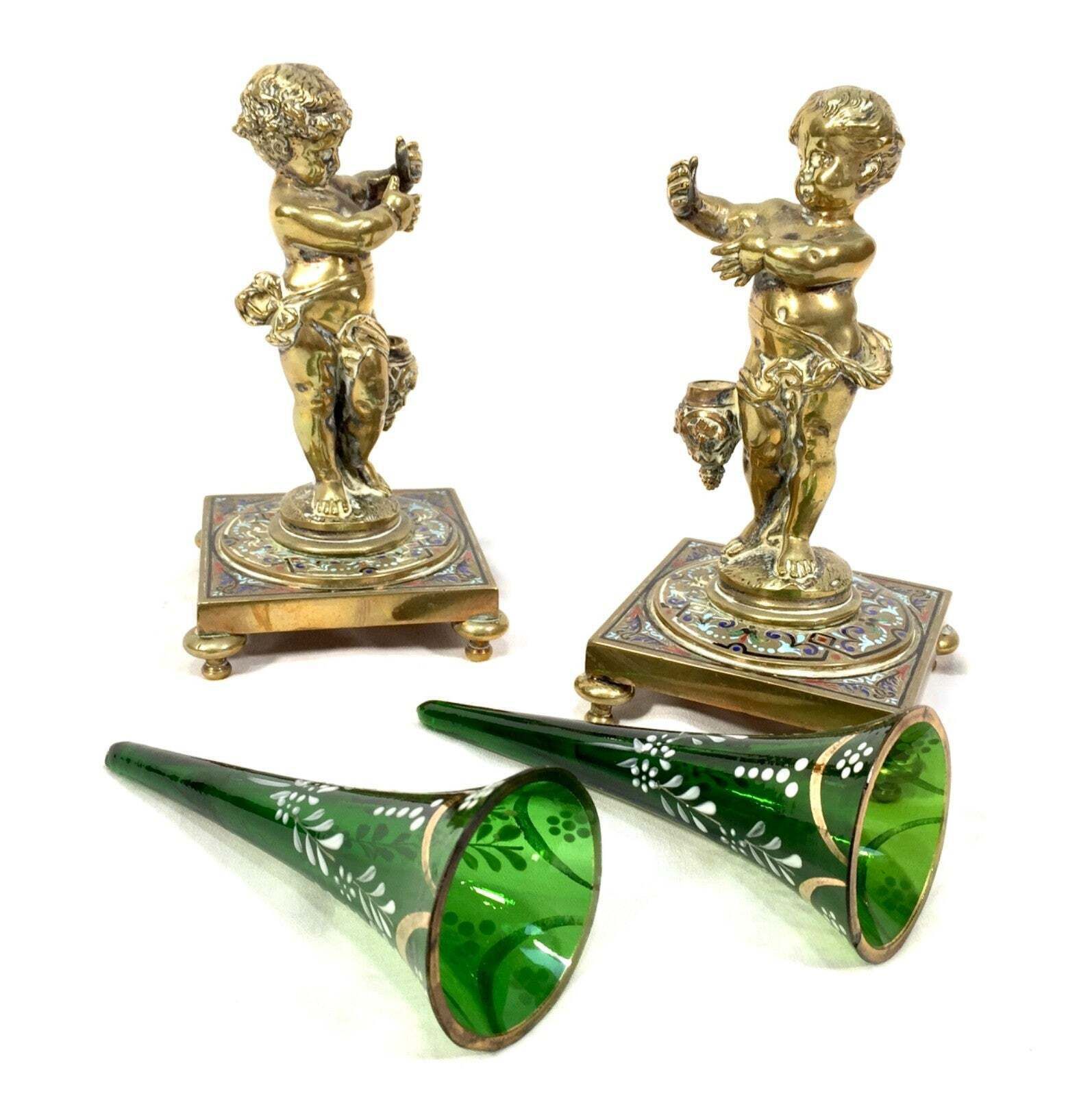 399.0 Antique Pair Of French Gilt Bronze & Champlevé Enamel / Hand Painted Glass Vases photo