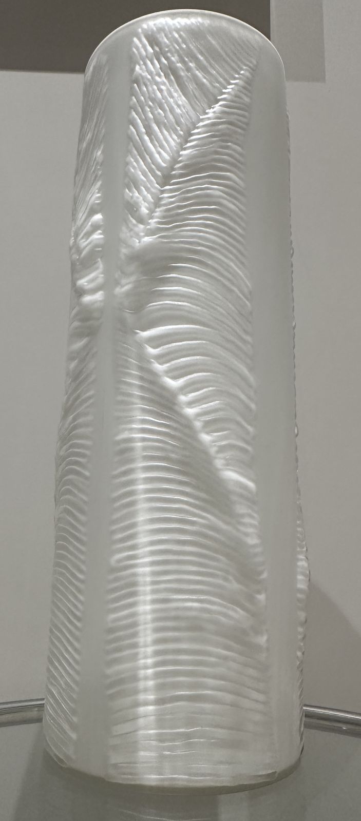 375.0 Large 1970s Peill & Putzler White & Clear Encased Glass "Feather" Cylindrical Vase photo