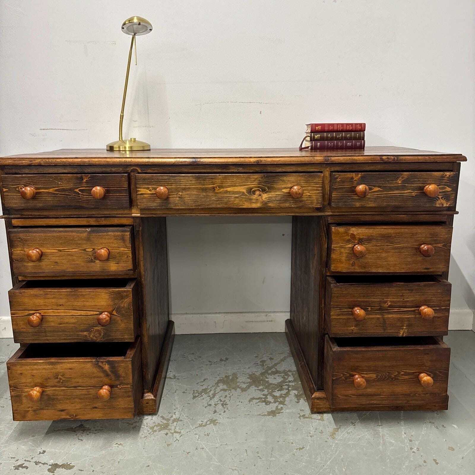 Furniture Vintage Wood Pedestal Desk – Traditional Writing Table With Drawers, Classic Home Office Furniture, Rustic Farmhouse Style Desk photo