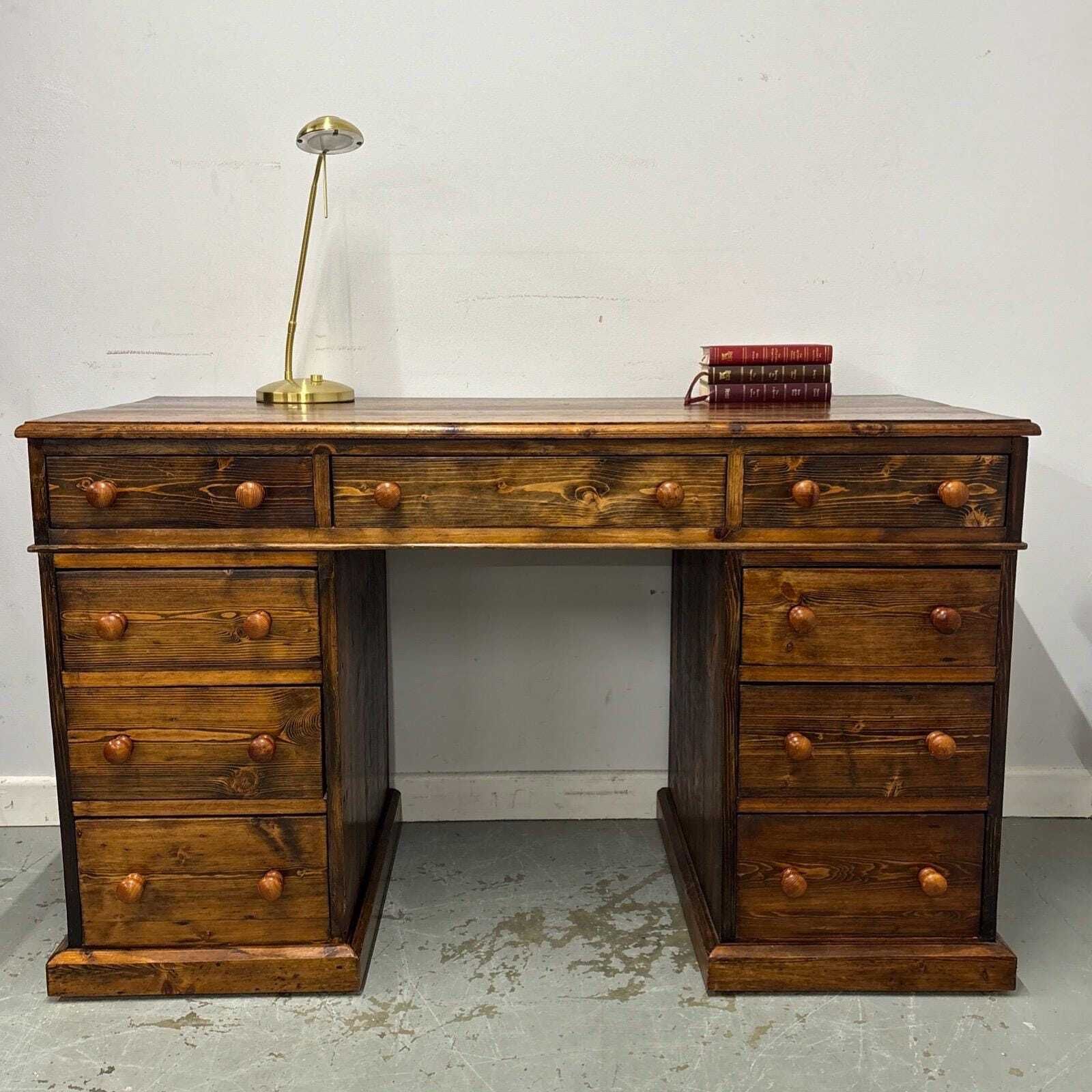 photo vinterior Vintage Wood Pedestal Desk – Traditional Writing Table With Drawers, Classic Home Office Furniture, Rustic Farmhouse Style Desk