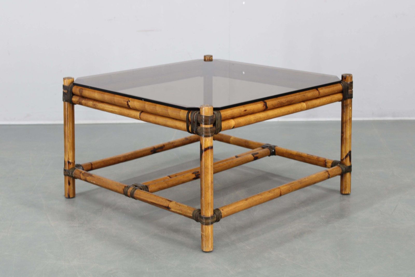 Vintage Bamboo Coffee Table With Smoked Glass Top photo for sale