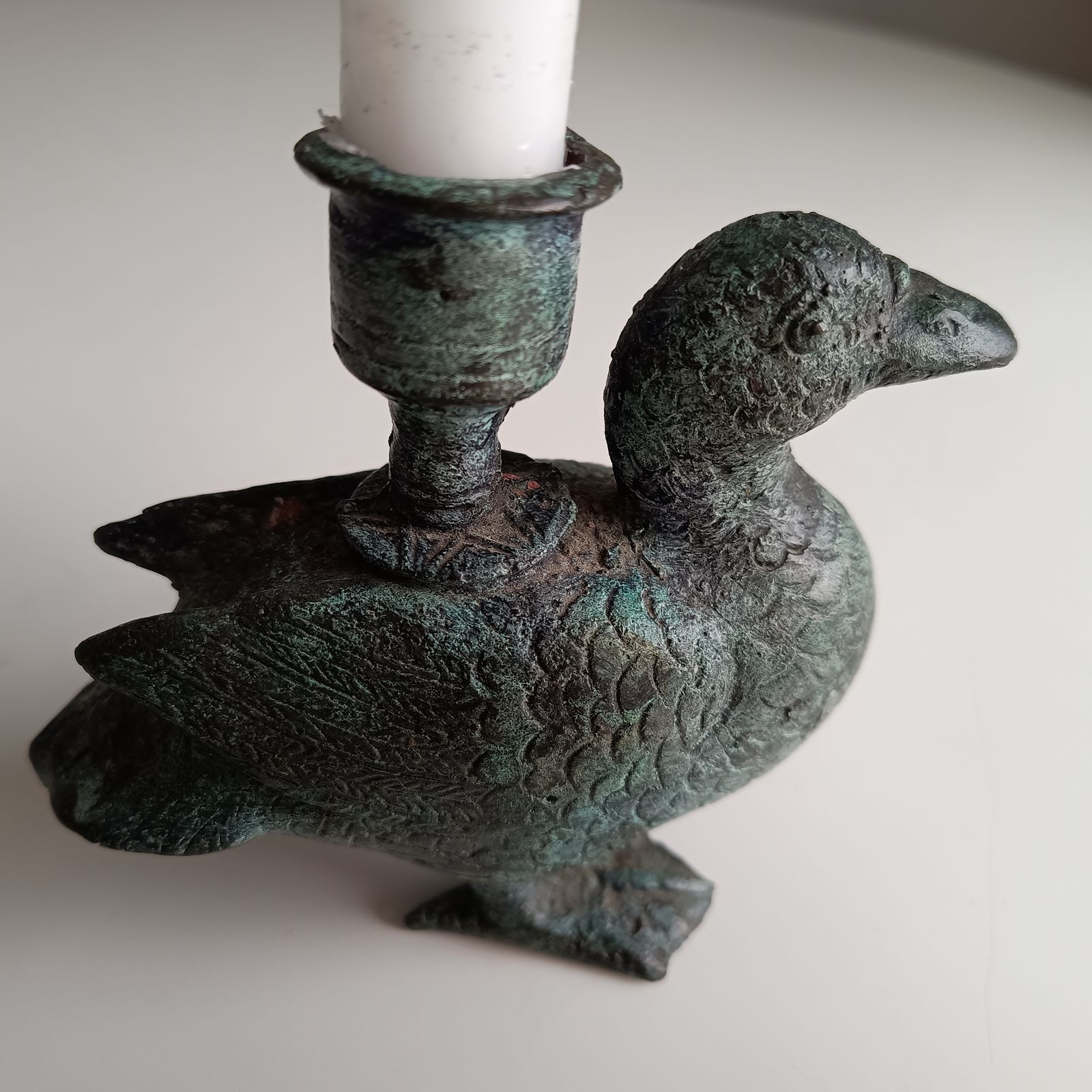 Late 18th Century Belgian Provincial Bronze / Brass Zoomorphic Duck Candlestick, Original, Natural Verdigris Patina photo furniture