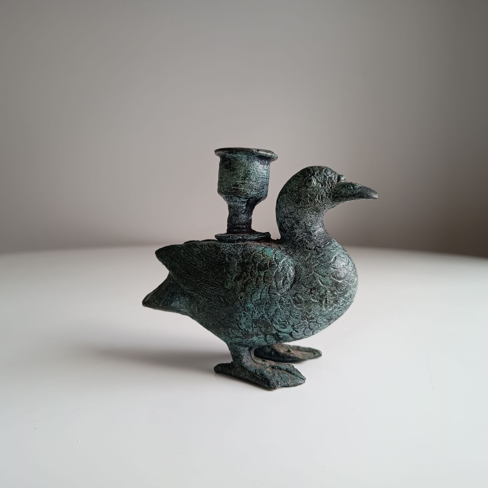 Late 18th Century Belgian Provincial Bronze / Brass Zoomorphic Duck Candlestick, Original, Natural Verdigris Patina photo buy