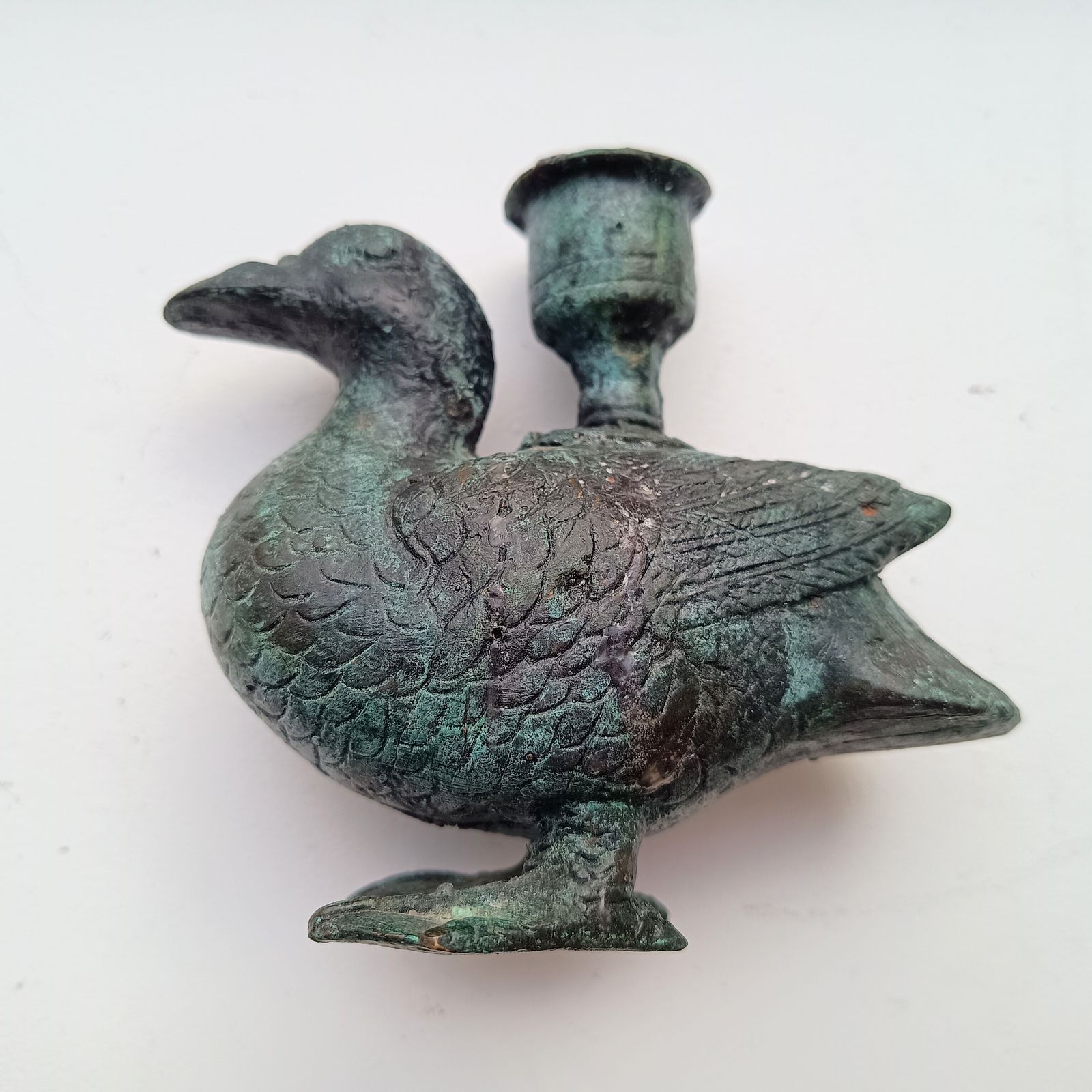 photo buy Late 18th Century Belgian Provincial Bronze / Brass Zoomorphic Duck Candlestick, Original, Natural Verdigris Patina