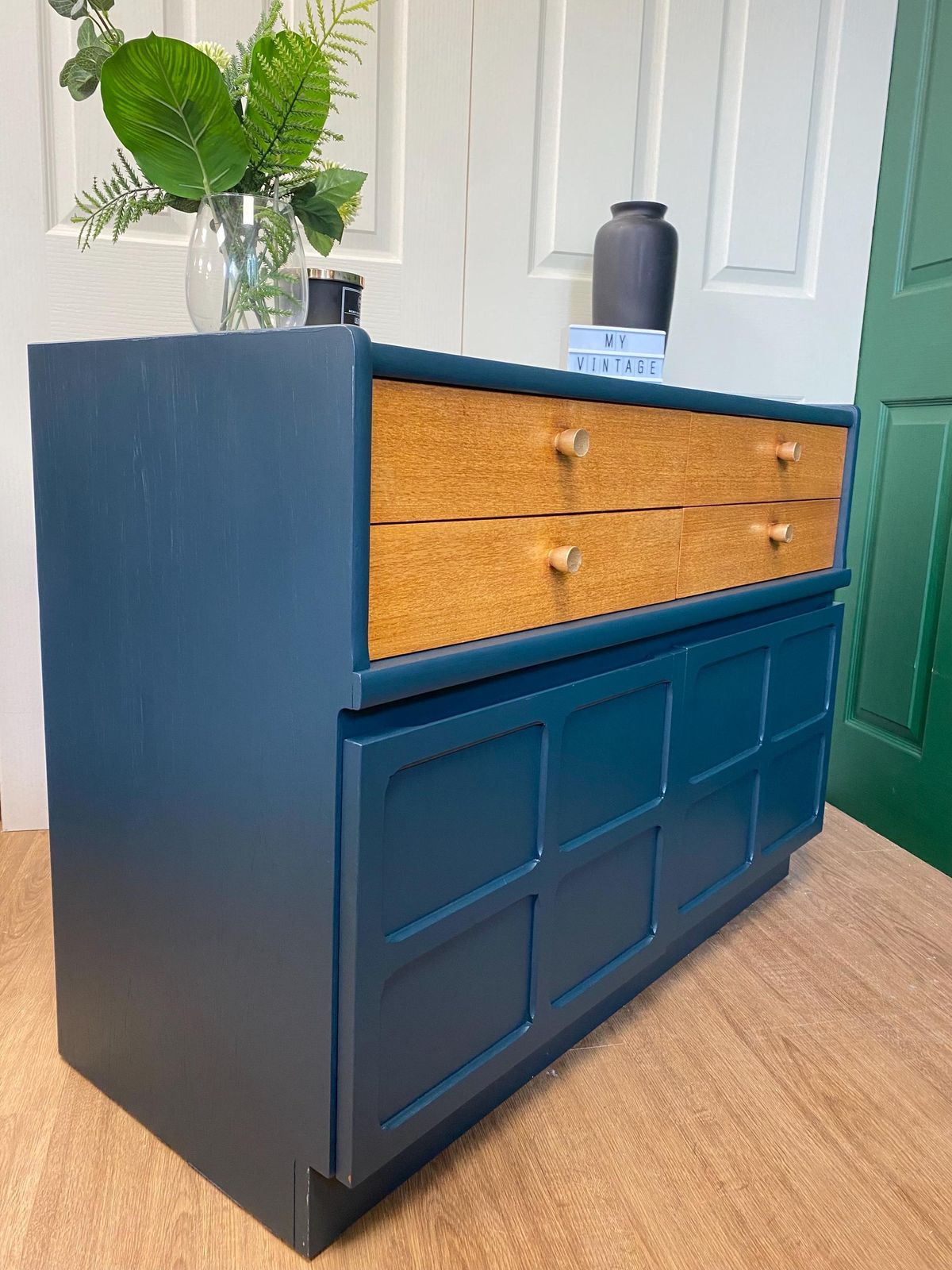 Refurbished Mid Century 1960s Nathan Teak Sideboard Petrol Blue photo vinterior