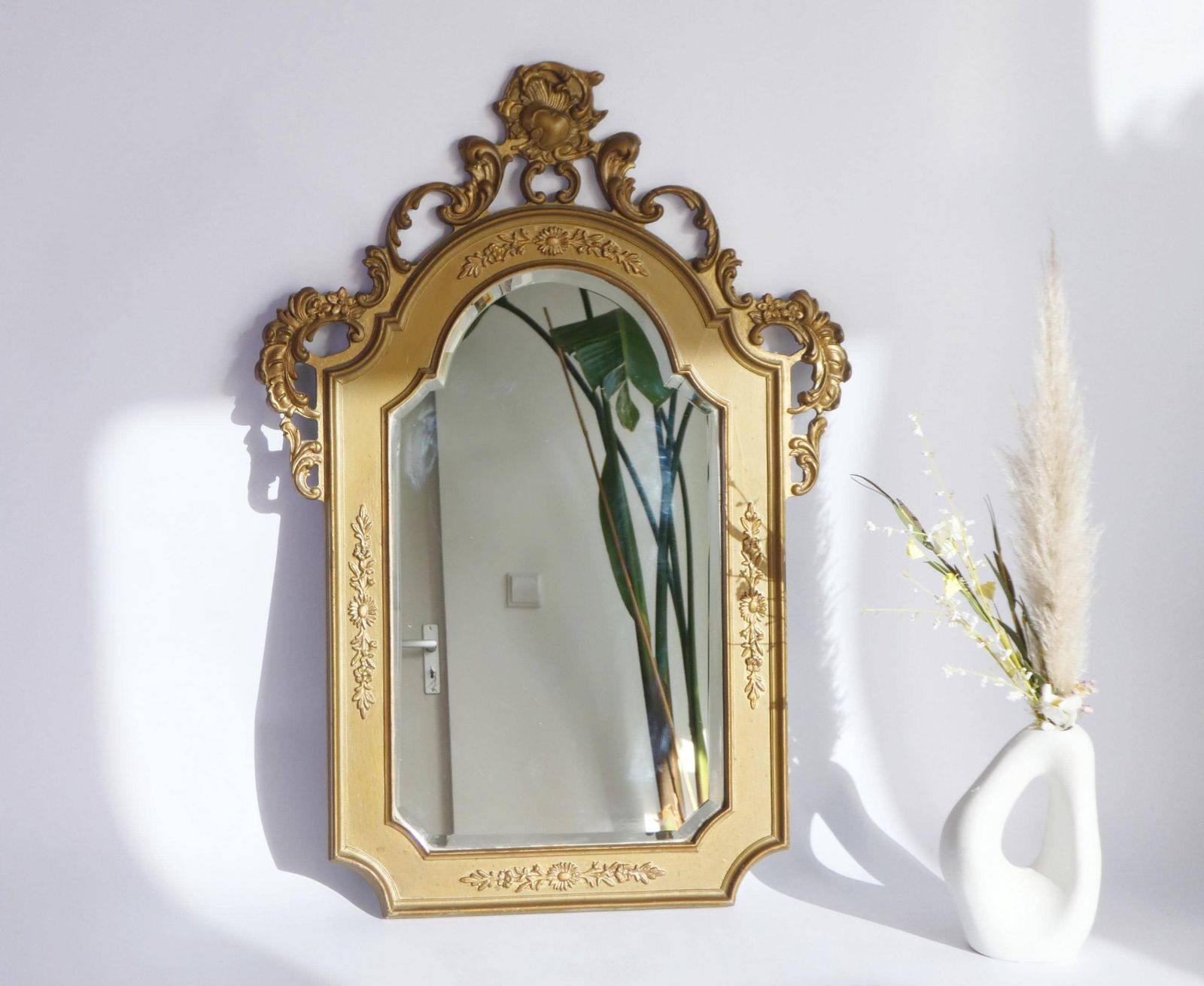 Mid Century Gold Ornate French Mirror, Beveled Wall Mirror With Carved Ornaments