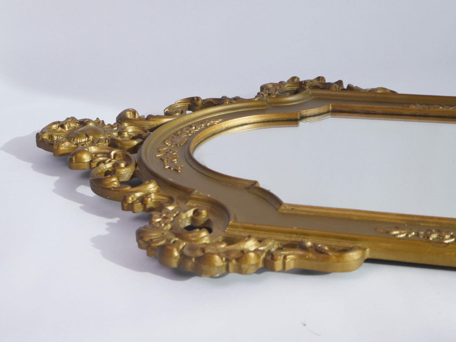 Mid Century Gold Ornate French Mirror, Beveled Wall Mirror With Carved Ornaments photo buy