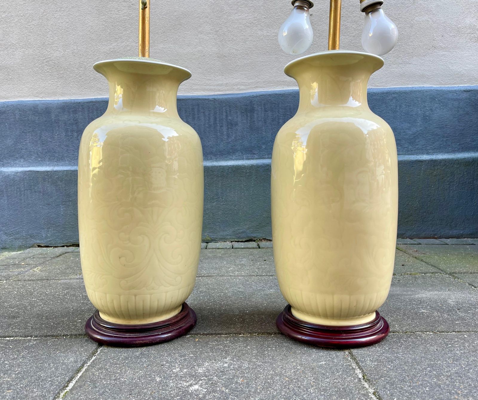 Chinese Pale Yellow Celadon Porcelain Table   Floor Lamps, Set Of 2 photo furniture