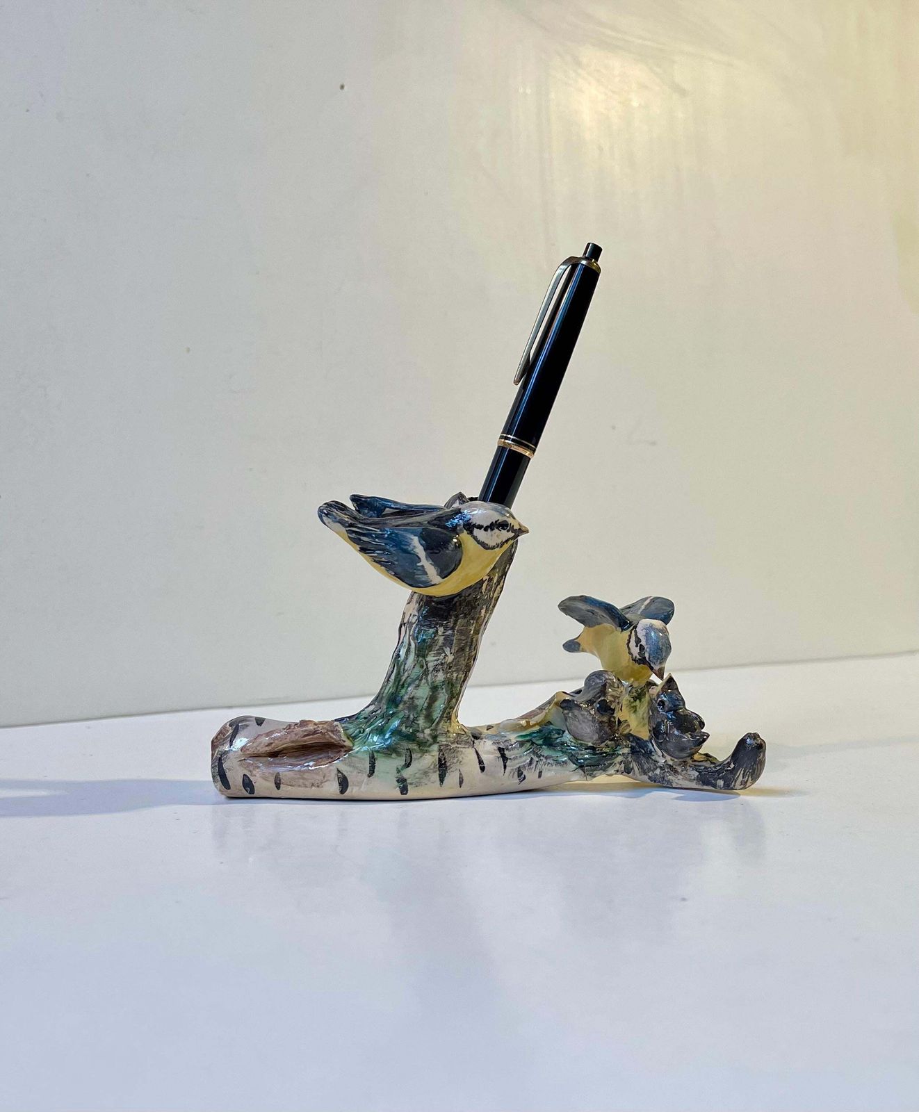 Scandinavian Ceramic Microcosmos Pen Holder W. Blue Tits On A Birch Branch photo for sale