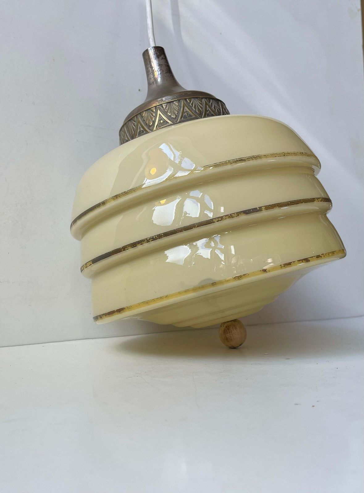 Scandinavian Art Deco 'Beehive' Pendant Lamp In Beige Opaline Glass & Brass photo vinterior