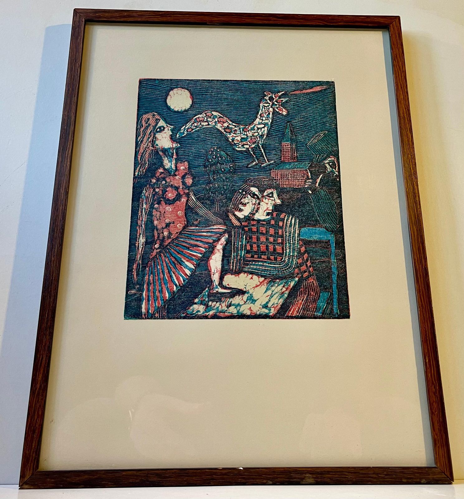 Seppo Mattinen Naive Dreamscape   Lithographic Woodcut In Colors, 1970s photo Art