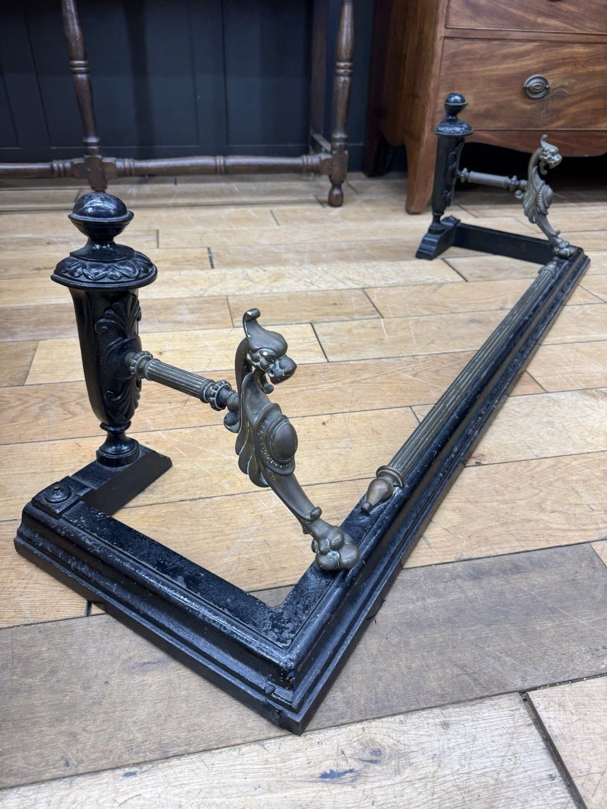 Antique Fireplace Fender – Iron & Brass Griffin Ends Victorian Hearth Guard photo Home Fixtures