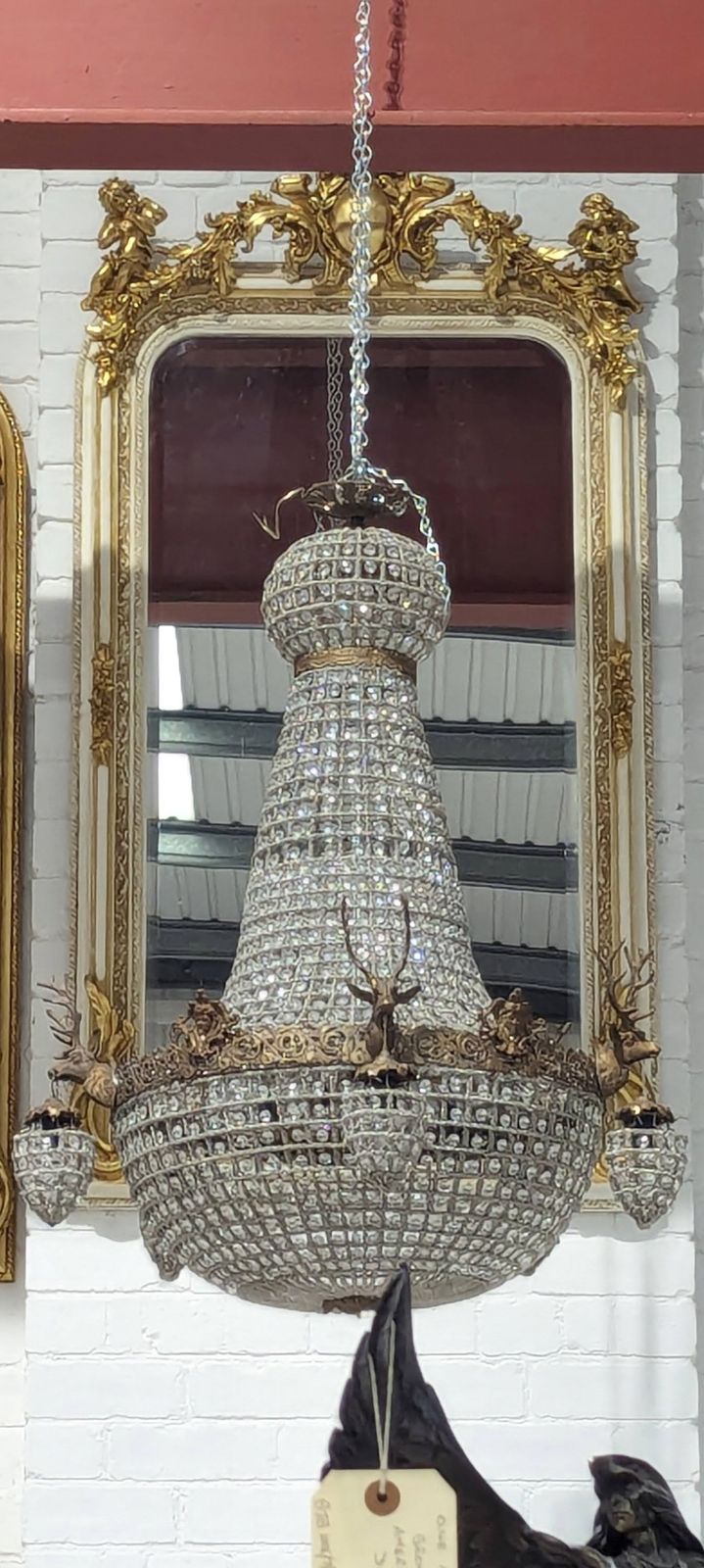Pair Of French Empire Crystal Chandeliers With Stag Head Detail – Statement Antique Lighting