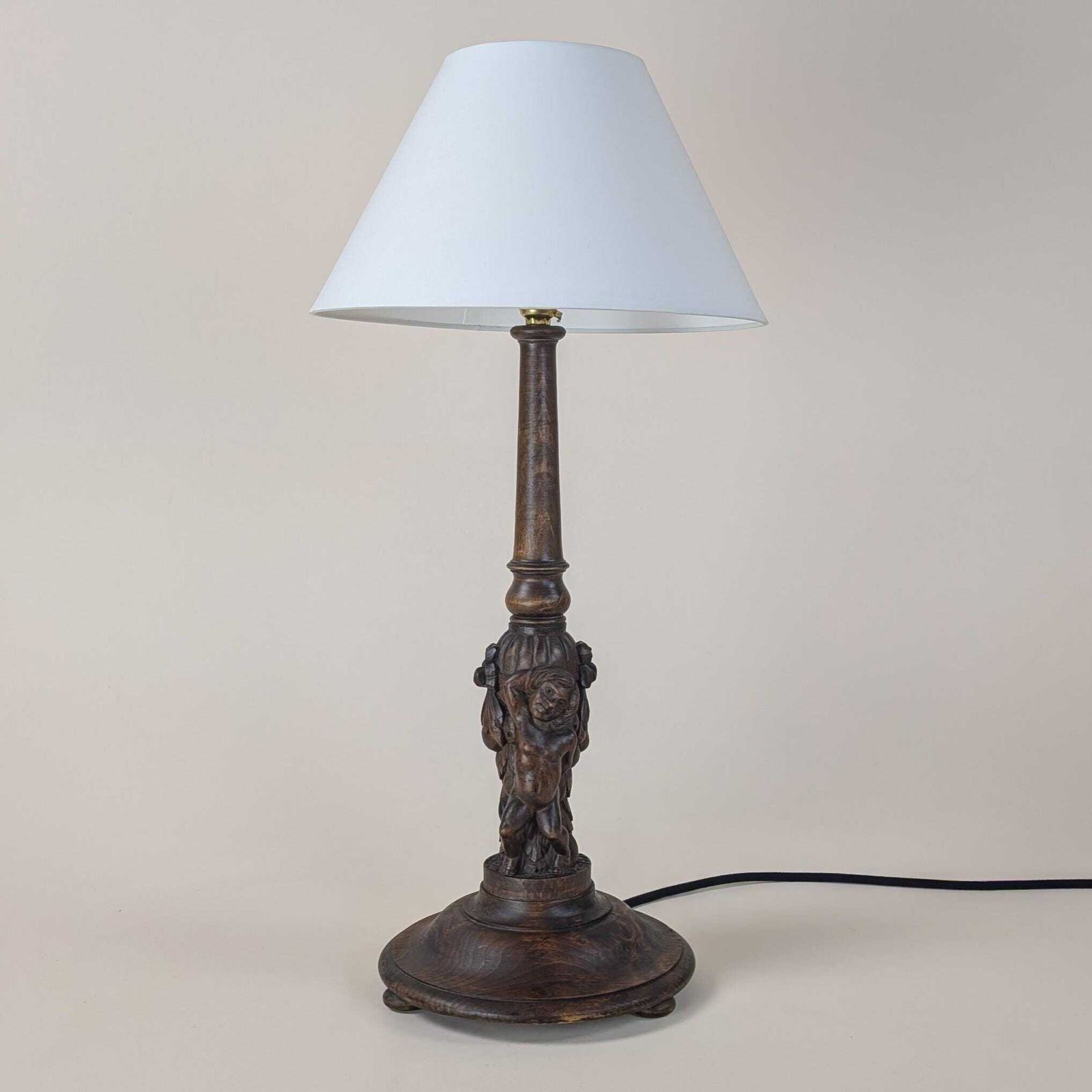 Vintage Hand Carved Wood Putti Table Lamp, Dark Finish Italian Style Cherub Figural Desk Light, Original Home Lighting, Bedroom Light Decor photo buy