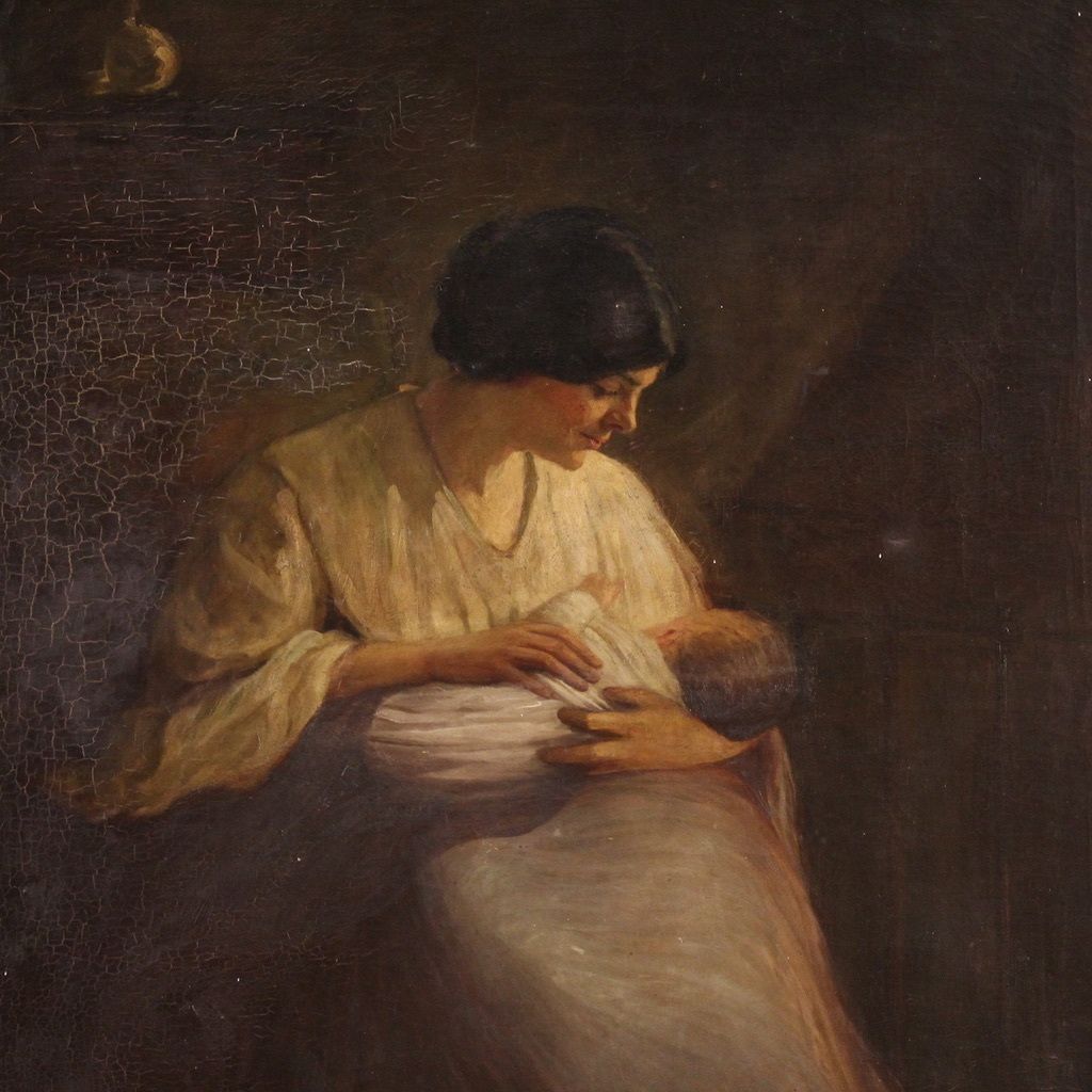 photo vintage Spanish Painting Of An Interior Scene From The 20th Century