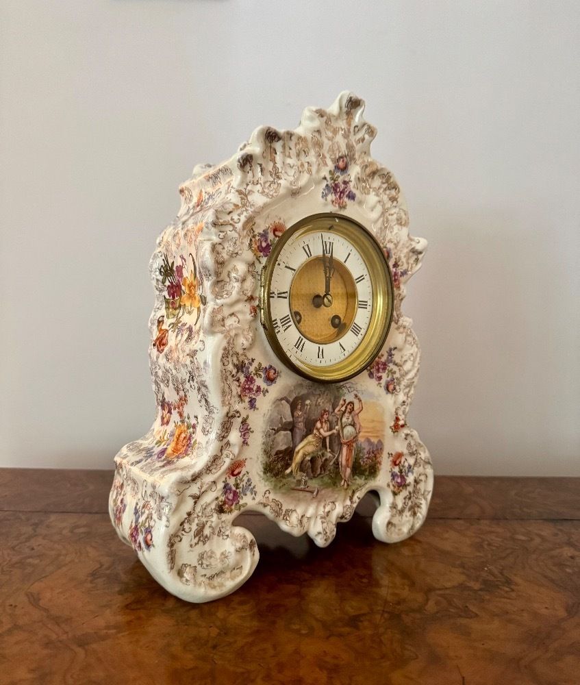 Lovely Quality Antique Late 19th Century Porcelain Mantle Clock Garniture Set photo for sale