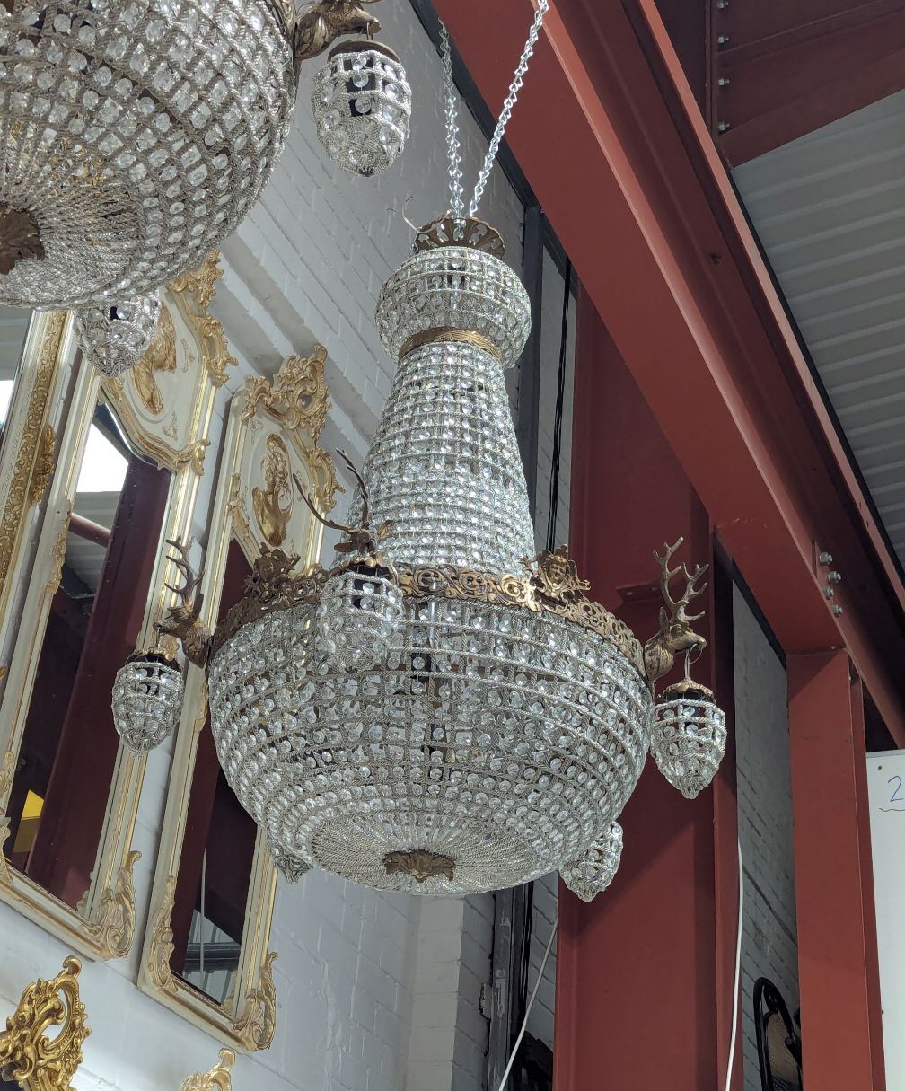 Pair Of French Empire Crystal Chandeliers With Stag Head Detail – Statement Antique Lighting photo for sale