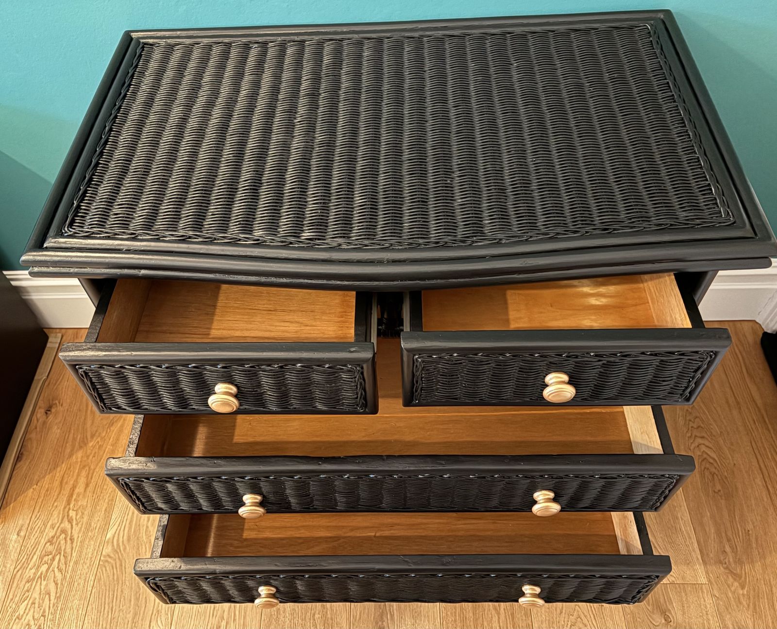 Vintage Black Bamboo Wicker Side Board Chest Of Drawers photo vinterior