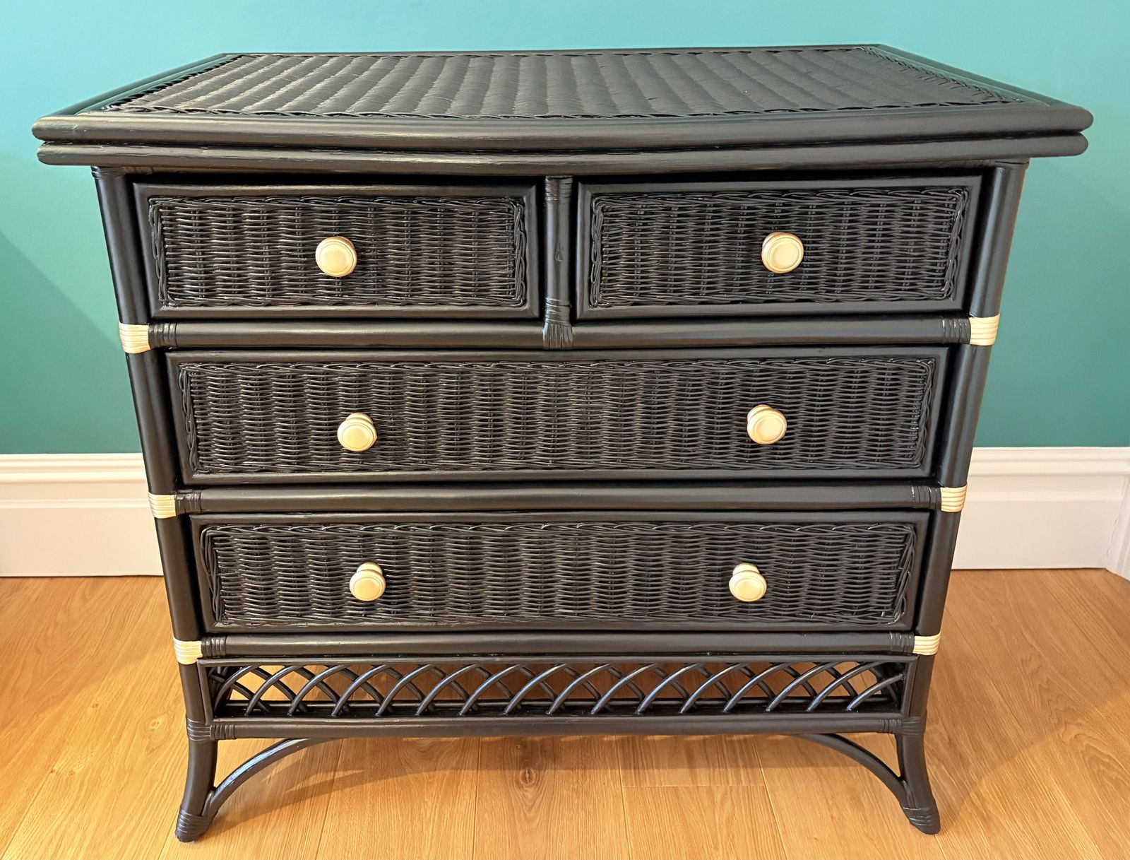 Vintage Black Bamboo Wicker Side Board Chest Of Drawers photo buy