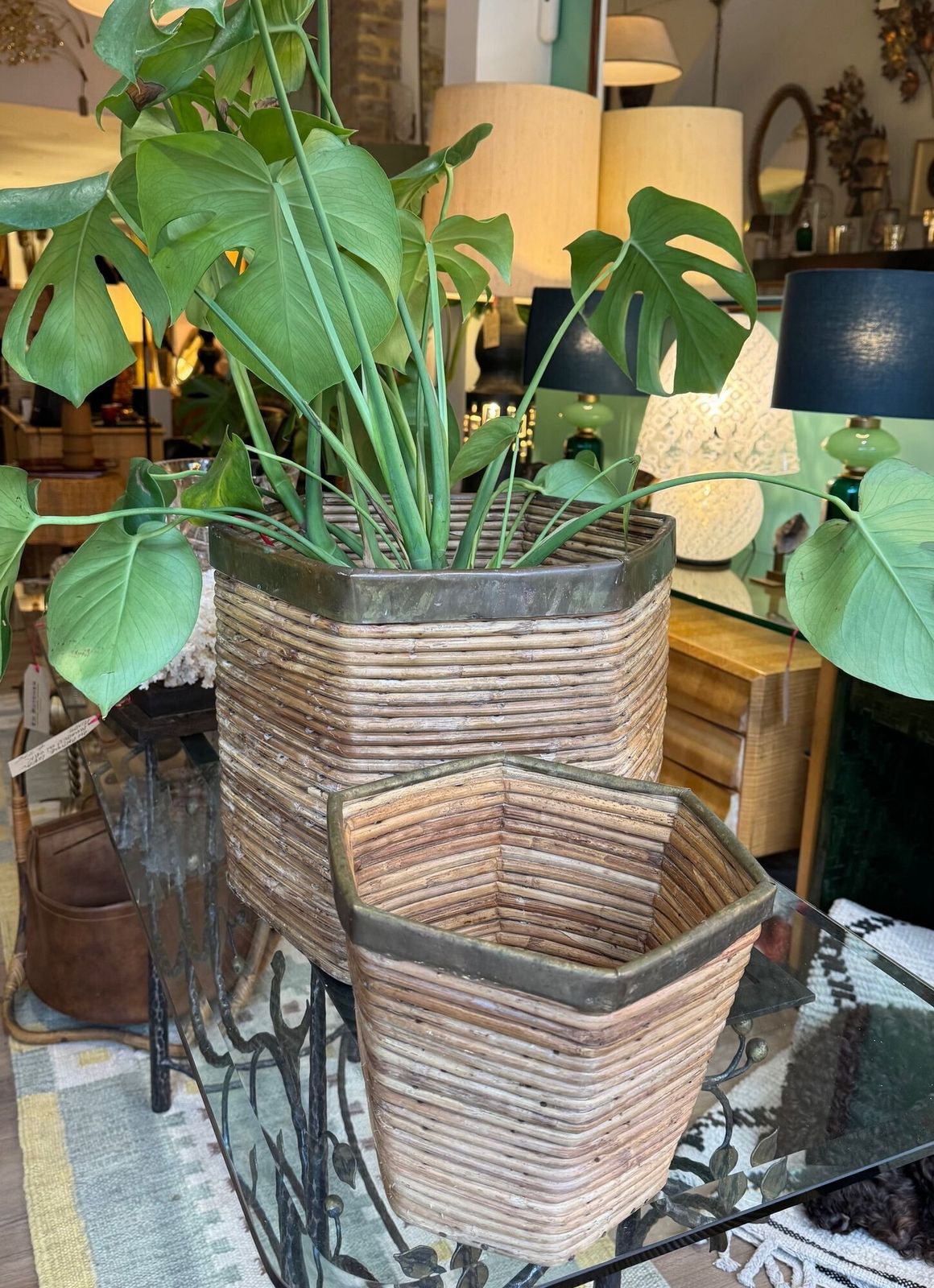 An Italian 1970s Woven Pencil Reed Hexagonal Bamboo Planter With Brass Top photo Home Decor