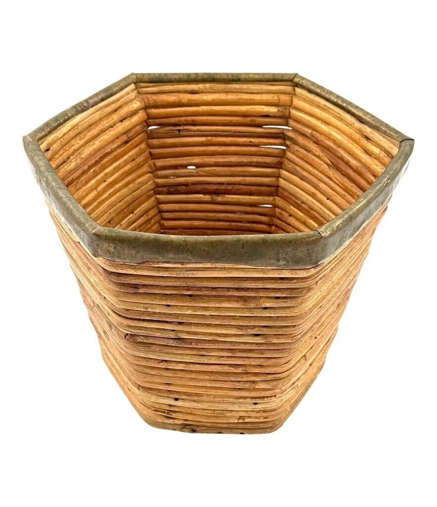 An Italian 1970s Woven Pencil Reed Hexagonal Bamboo Planter With Brass Top photo vinterior