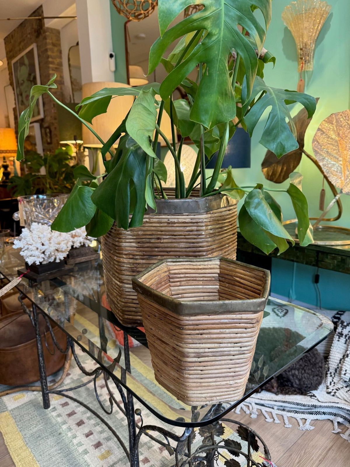 An Italian 1970s Woven Pencil Reed Hexagonal Bamboo Planter With Brass Top photo buy