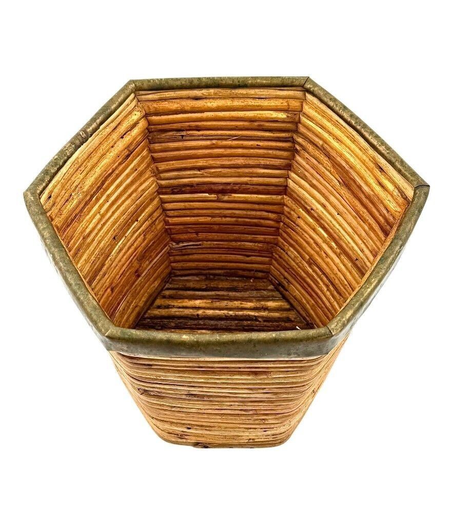 An Italian 1970s Woven Pencil Reed Hexagonal Bamboo Planter With Brass Top photo vintage