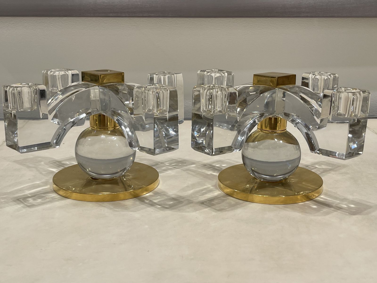 Fabulous Pair Of Baccarat Crystal Candelabras,  Created By Jacques Adnet, 1935, France photo for sale