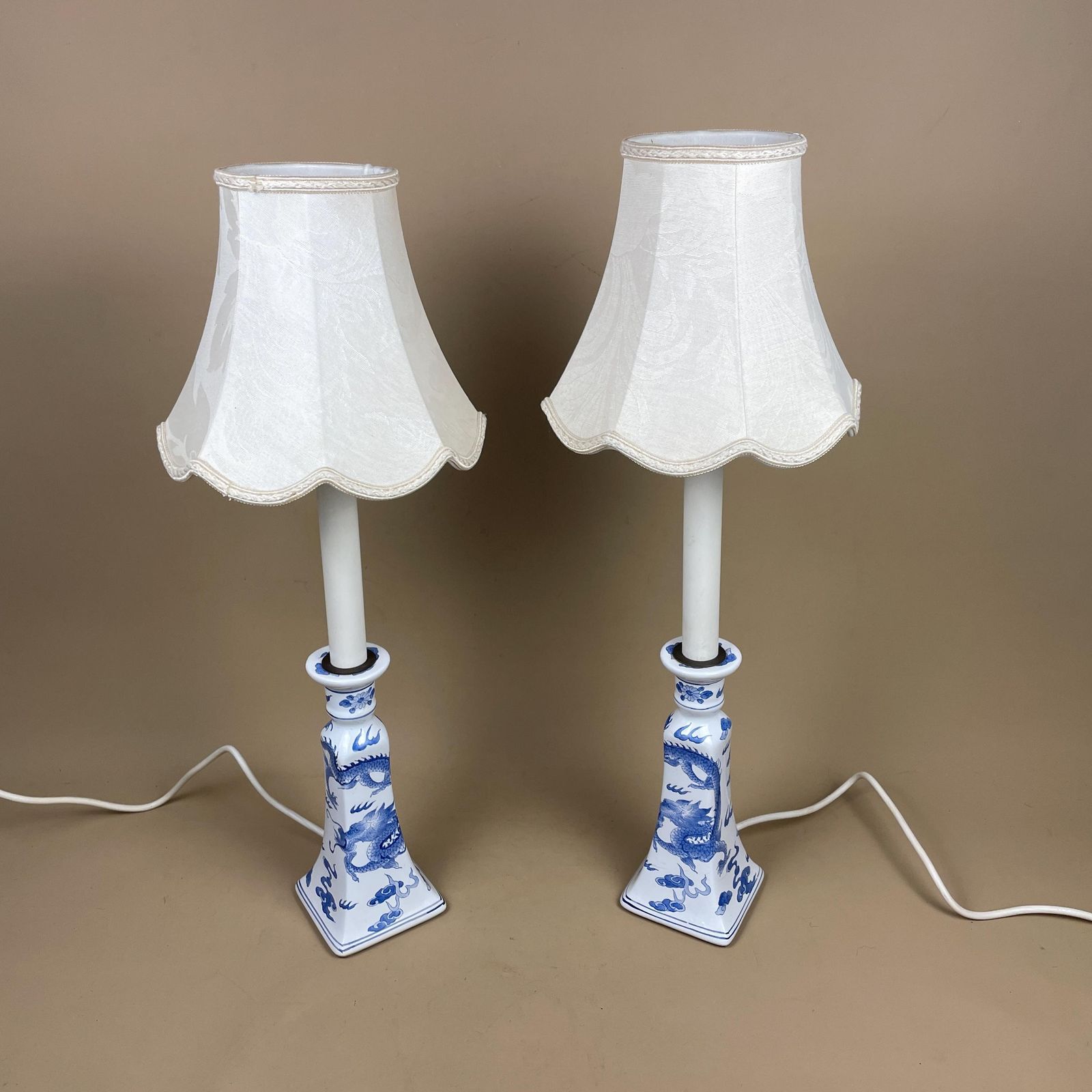 Pair Oriental Ceramic Candlestick Lamps With Shades Blue White Dragon Design Vintage Chinoiserie Porcelain Bedside Table Lighting Chinese photo for sale