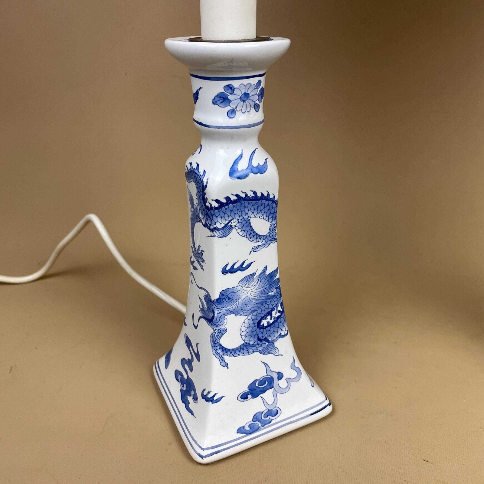 Pair Oriental Ceramic Candlestick Lamps With Shades Blue White Dragon Design Vintage Chinoiserie Porcelain Bedside Table Lighting Chinese photo vinterior