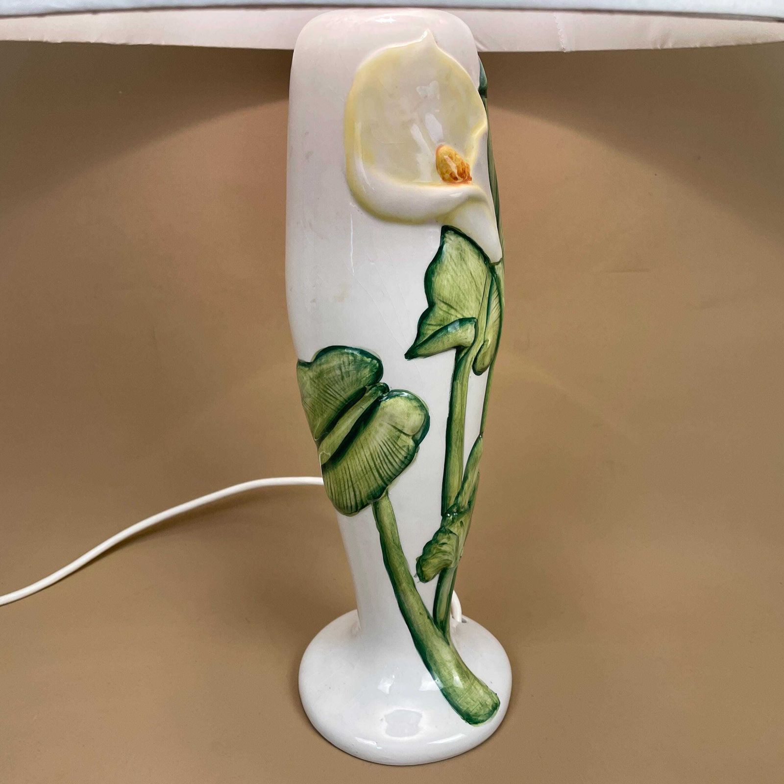 Calla Lily Ceramic Table Lamp Raised Floral Design Art Nouveau Style Vintage Botanical Decor Pottery Lighting Flower Sculpture Lamp Shade photo for sale
