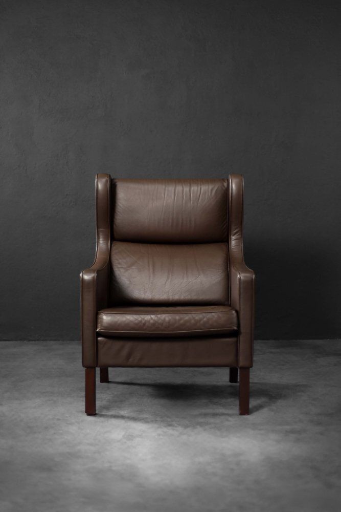 Mid Century Danish Modern Brown Leather Wing Chair, 1960s photo for sale