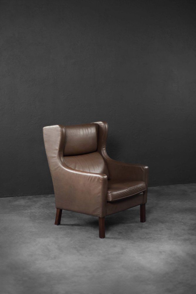 Mid Century Danish Modern Brown Leather Wing Chair, 1960s photo 1692.0
