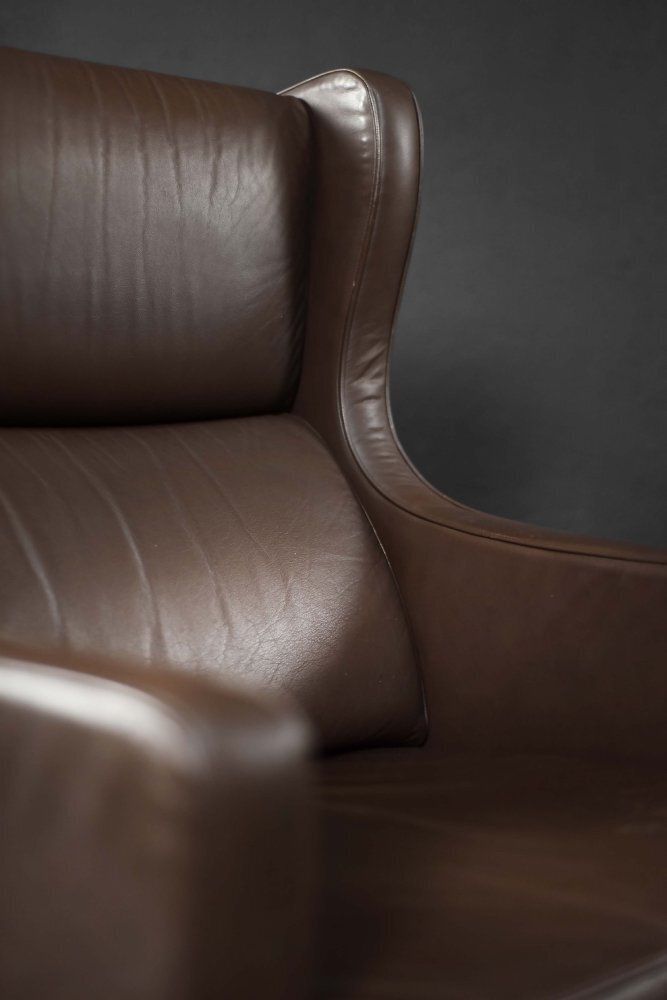 photo for sale Mid Century Danish Modern Brown Leather Wing Chair, 1960s