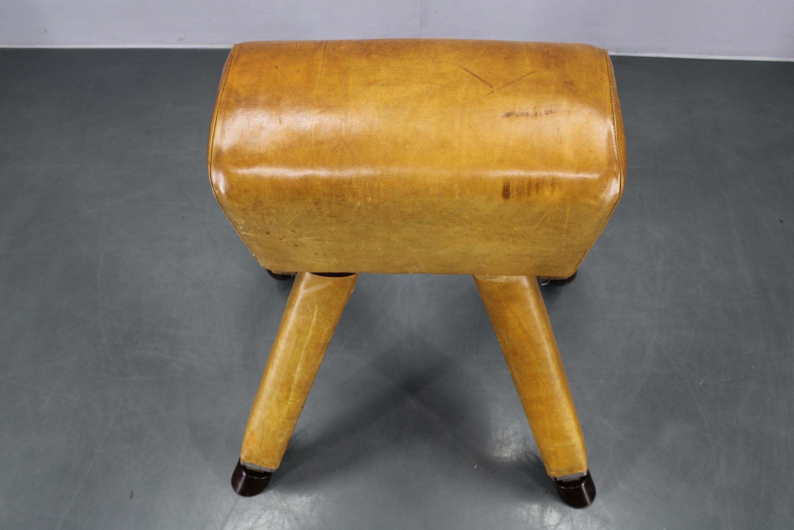 photo furniture 1950s Czechoslovakian Leather & Wood Gymnastic Pommel Horse, Adjustable Height