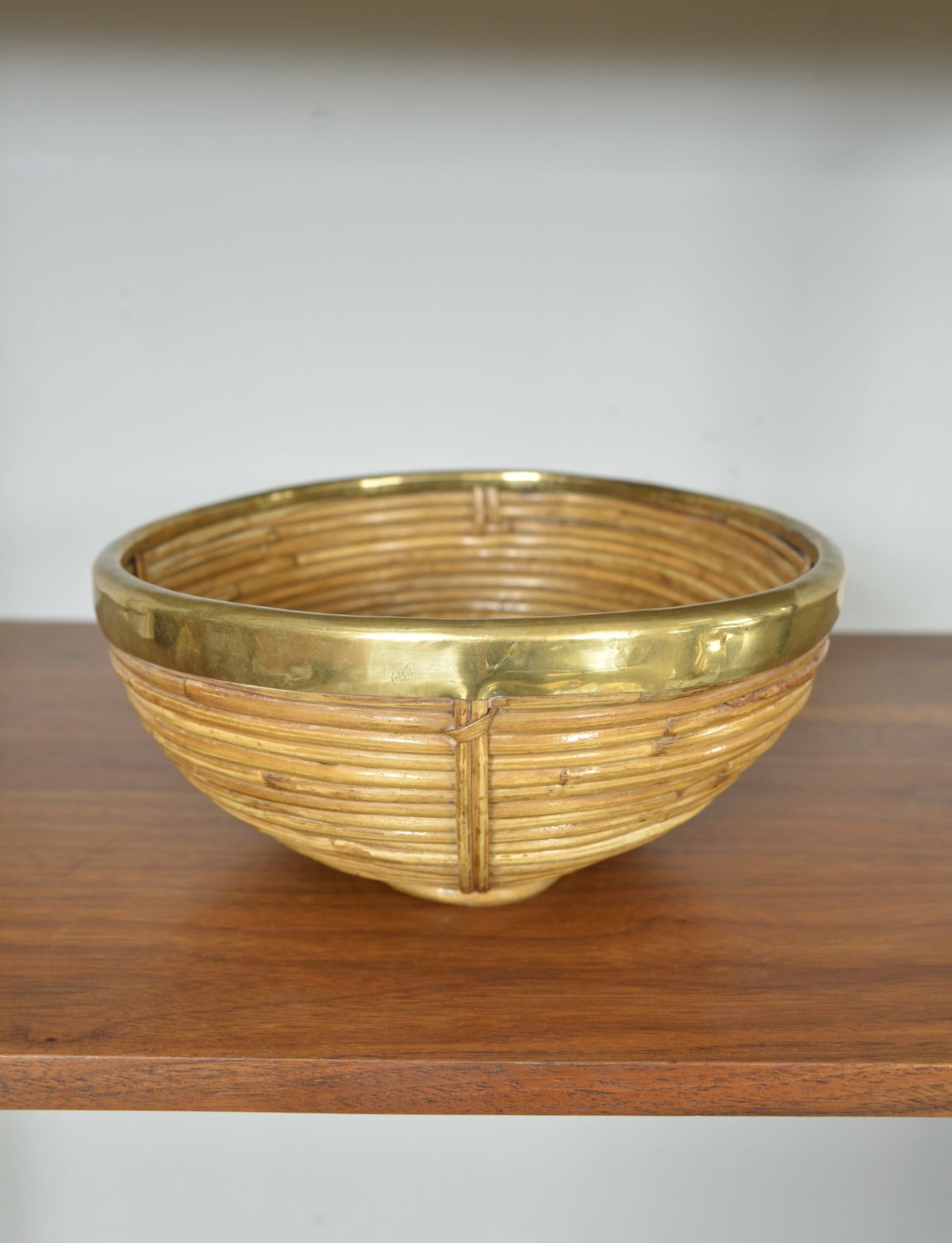 Rattan Cane Brass Basket Centrepiece By Vivai Del Sud Gabriella Crespi Style Italy 1970s photo for sale