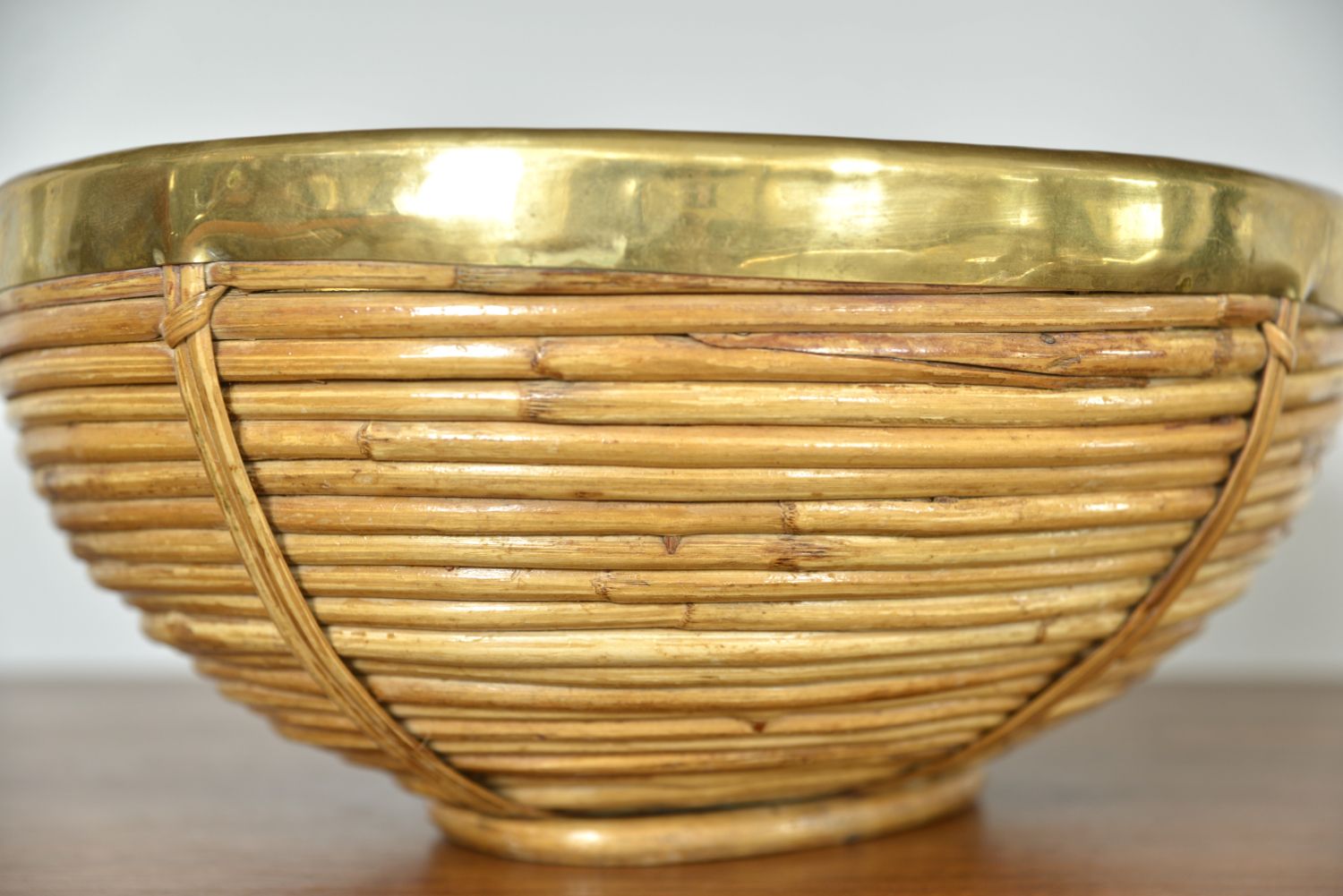 photo for sale Rattan Cane Brass Basket Centrepiece By Vivai Del Sud Gabriella Crespi Style Italy 1970s