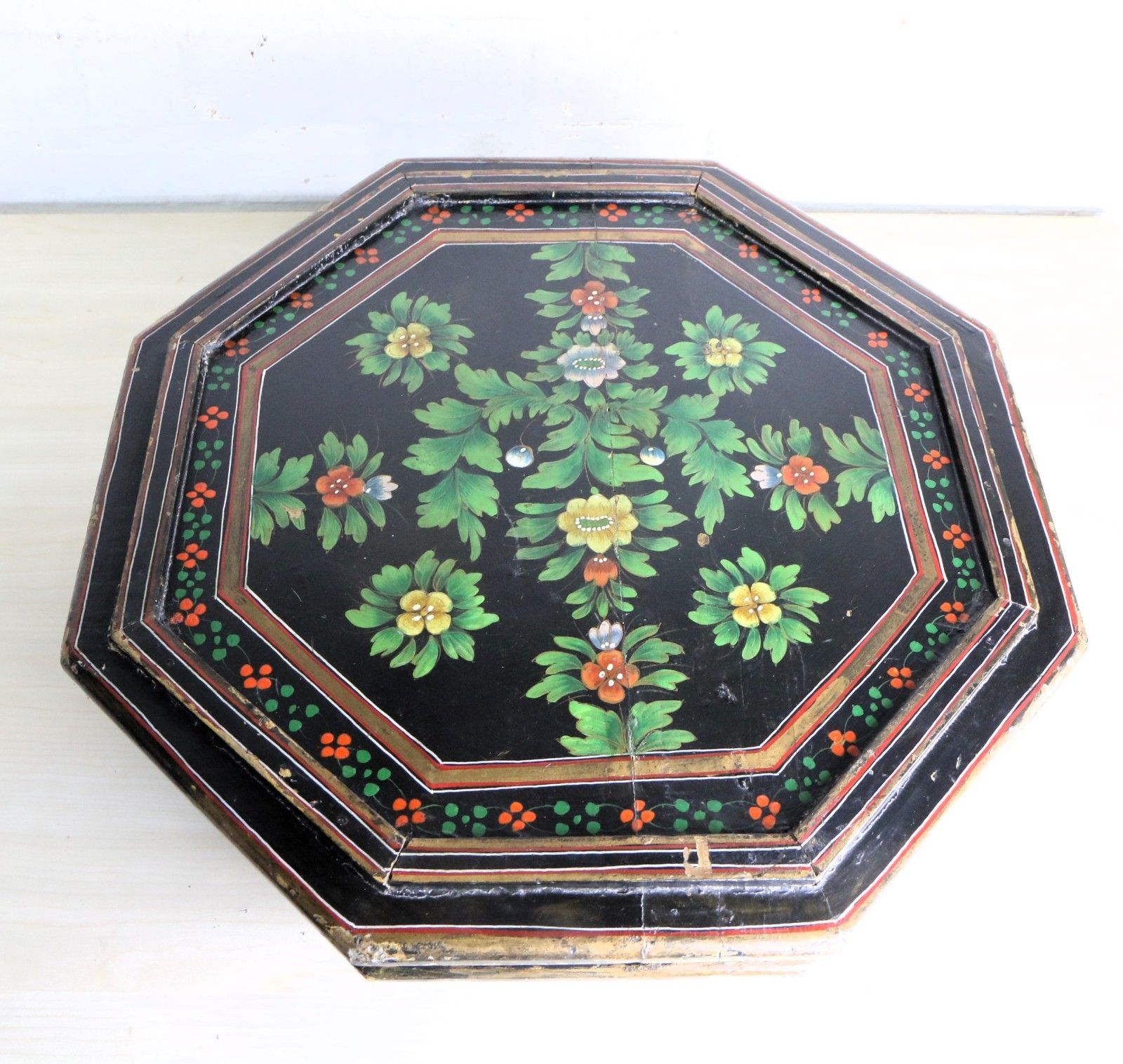 Antique Indian Wooden Bajot Table Chowki Table Early 20th Century Handpainted photo for sale