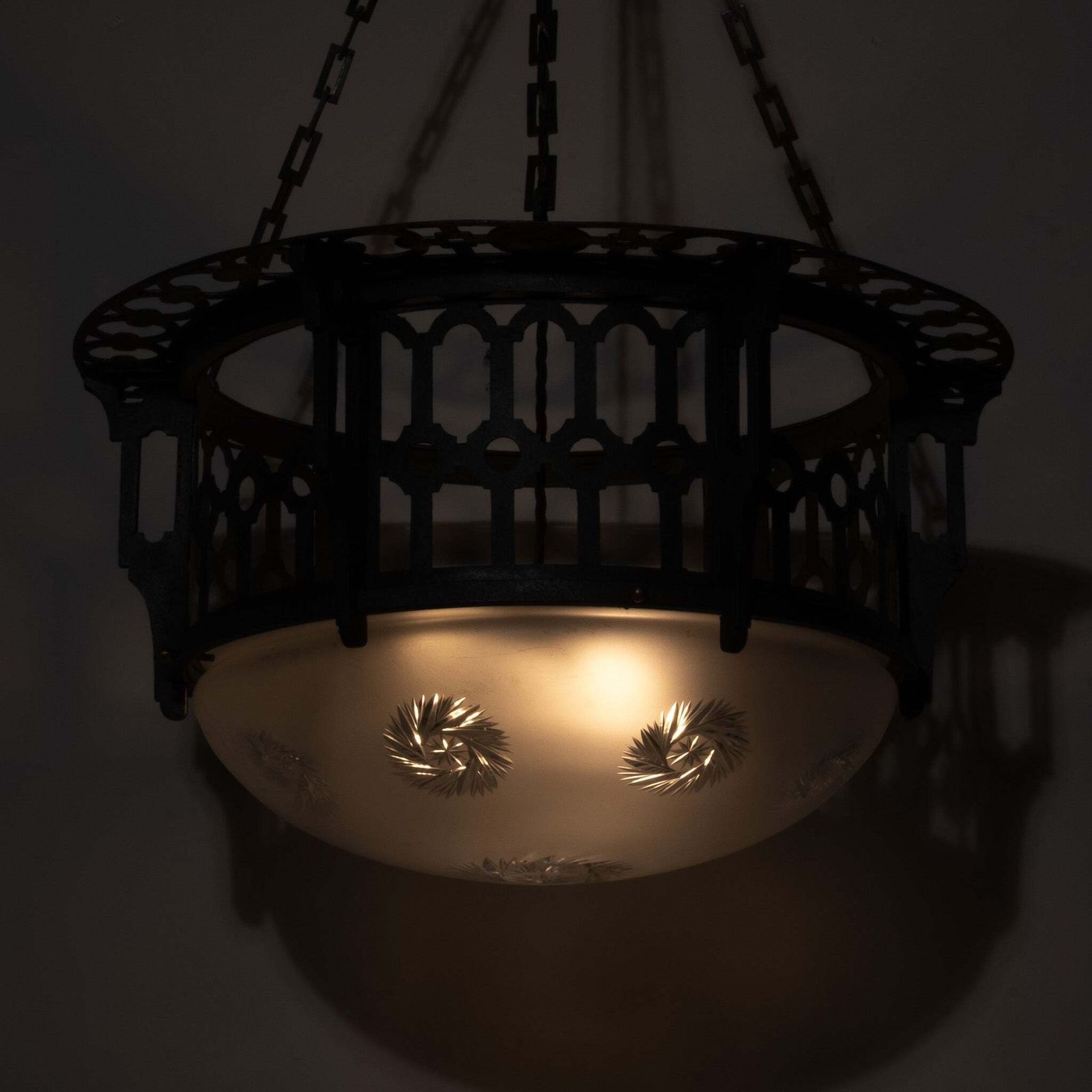 Large Scale Wrought Iron & Cast Brass Plafonnier With Rare Jefferson Satin & Cut Crystal Bowl photo furniture