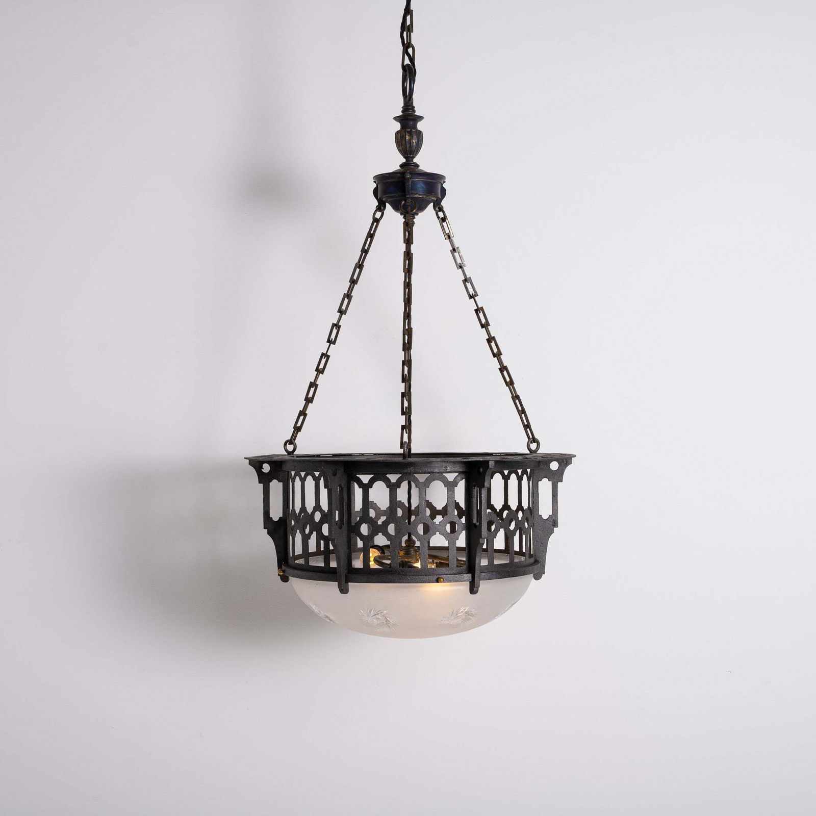 photo buy Large Scale Wrought Iron & Cast Brass Plafonnier With Rare Jefferson Satin & Cut Crystal Bowl