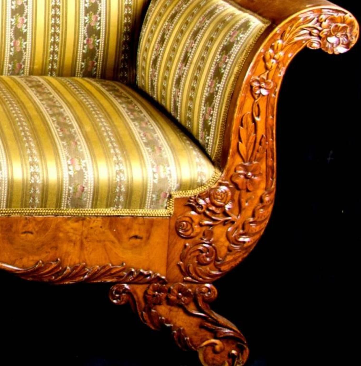 Swedish Biedermeier Carved Sofa Quilted Golden Birch 19th Century Antique A photo for sale