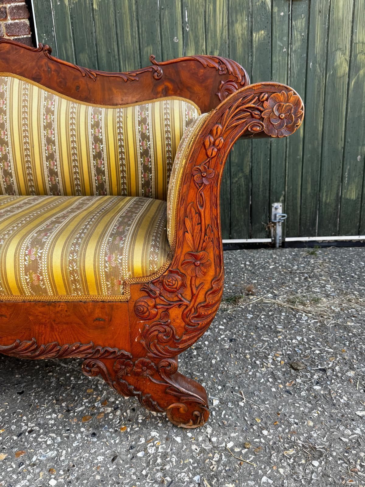 photo furniture Swedish Biedermeier Carved Sofa Quilted Golden Birch 19th Century Antique A