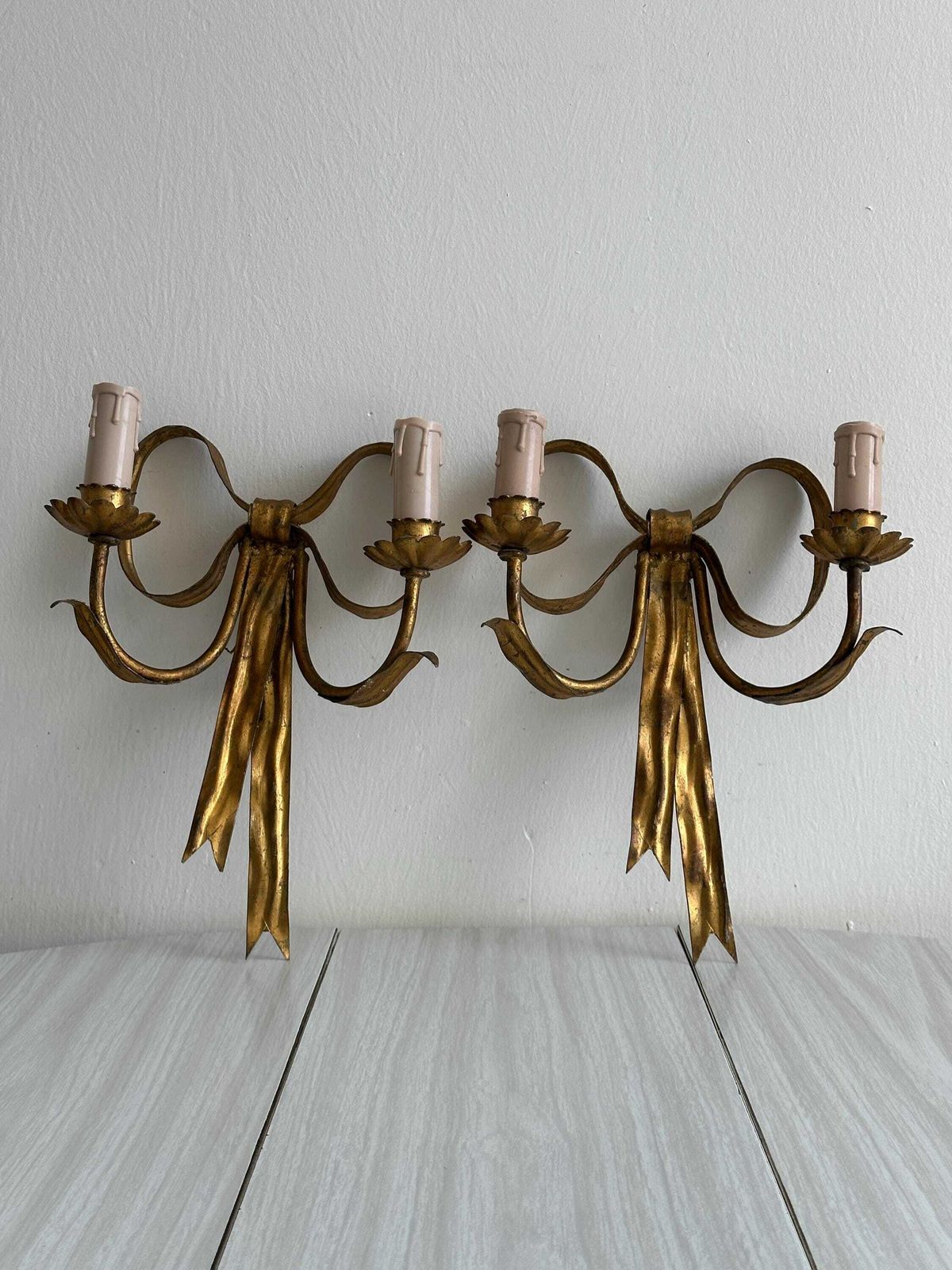 Pair Of Antique Handmade Gilded Metal Wall Lights, Elegant And Rare Wall Decoration, Refined Bedroom Wall Lights, Magnificent Vintage Object photo furniture