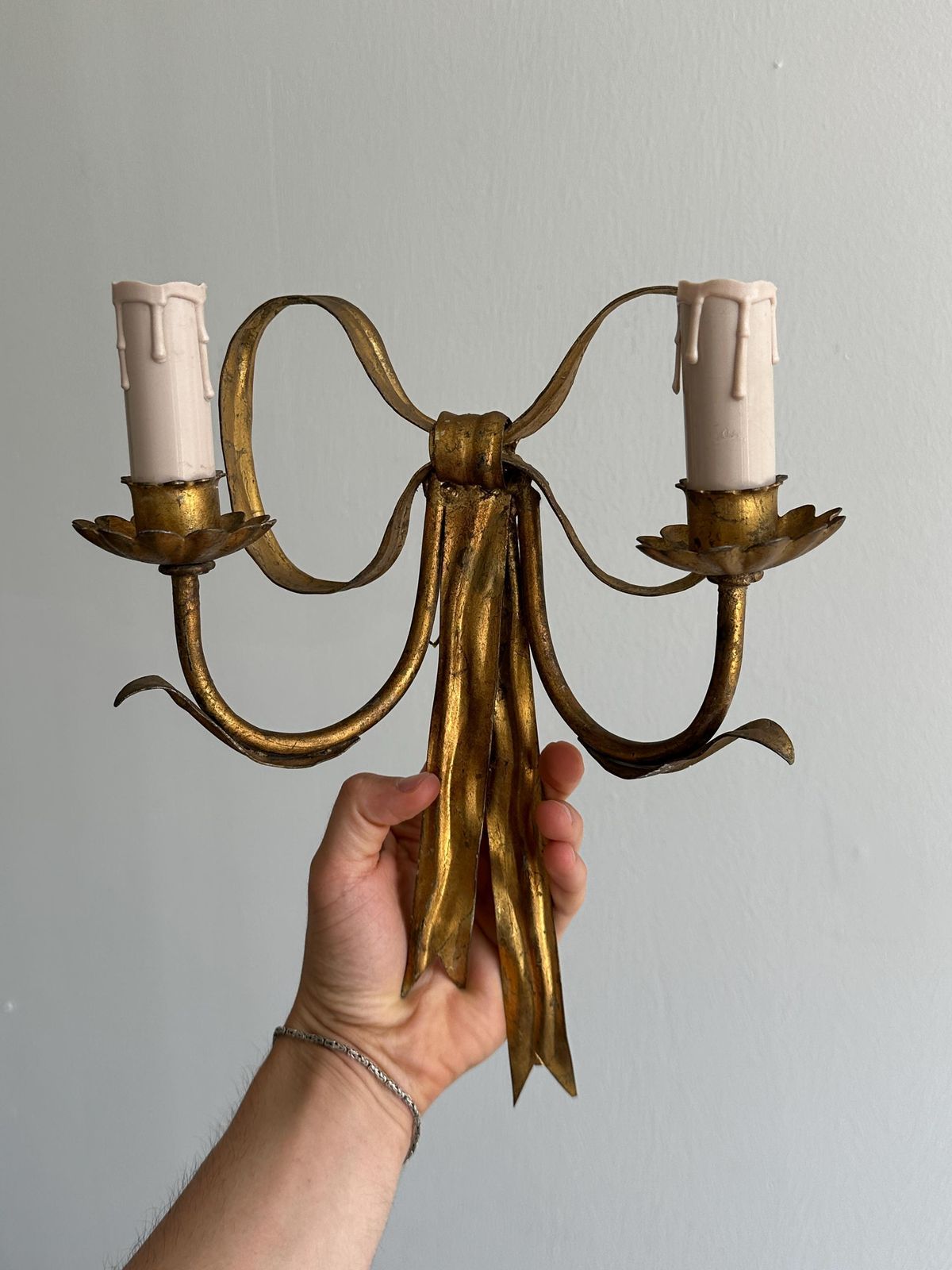 Pair Of Antique Handmade Gilded Metal Wall Lights, Elegant And Rare Wall Decoration, Refined Bedroom Wall Lights, Magnificent Vintage Object photo vinterior
