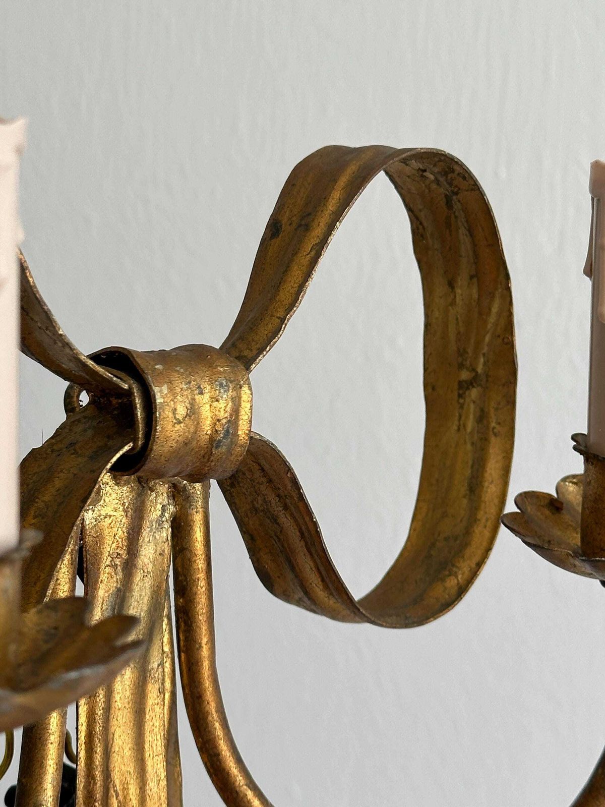 Pair Of Antique Handmade Gilded Metal Wall Lights, Elegant And Rare Wall Decoration, Refined Bedroom Wall Lights, Magnificent Vintage Object photo vintage