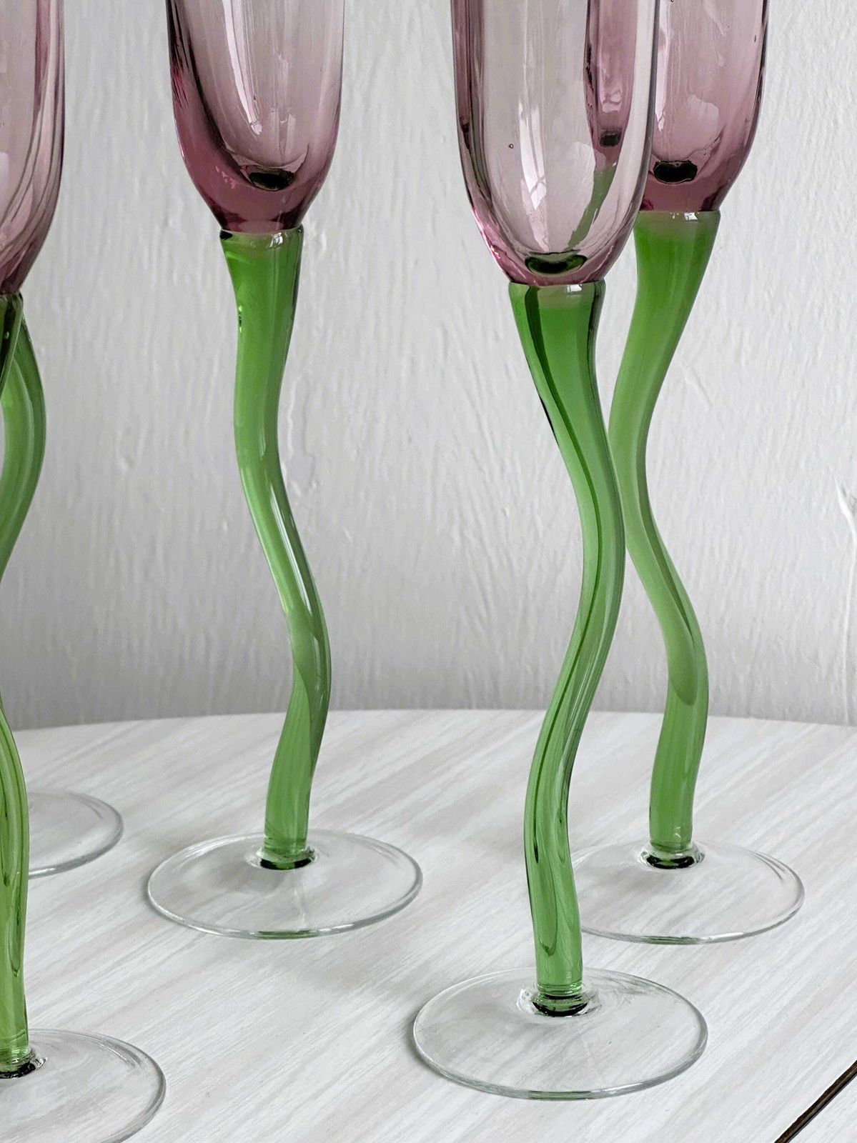 Set Of 6 Blown Glass Champagne Glasses, Green Twisted Feet, Translucent Pink Tulip, Unique And Elegant Table Decoration, Gift photo for sale