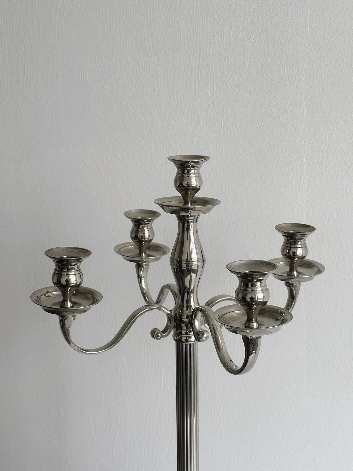 Large 5 Arm Candlestick In Shiny Silver Metal, Elegant Centerpiece For Wedding, Reception Or Refined Interior photo furniture