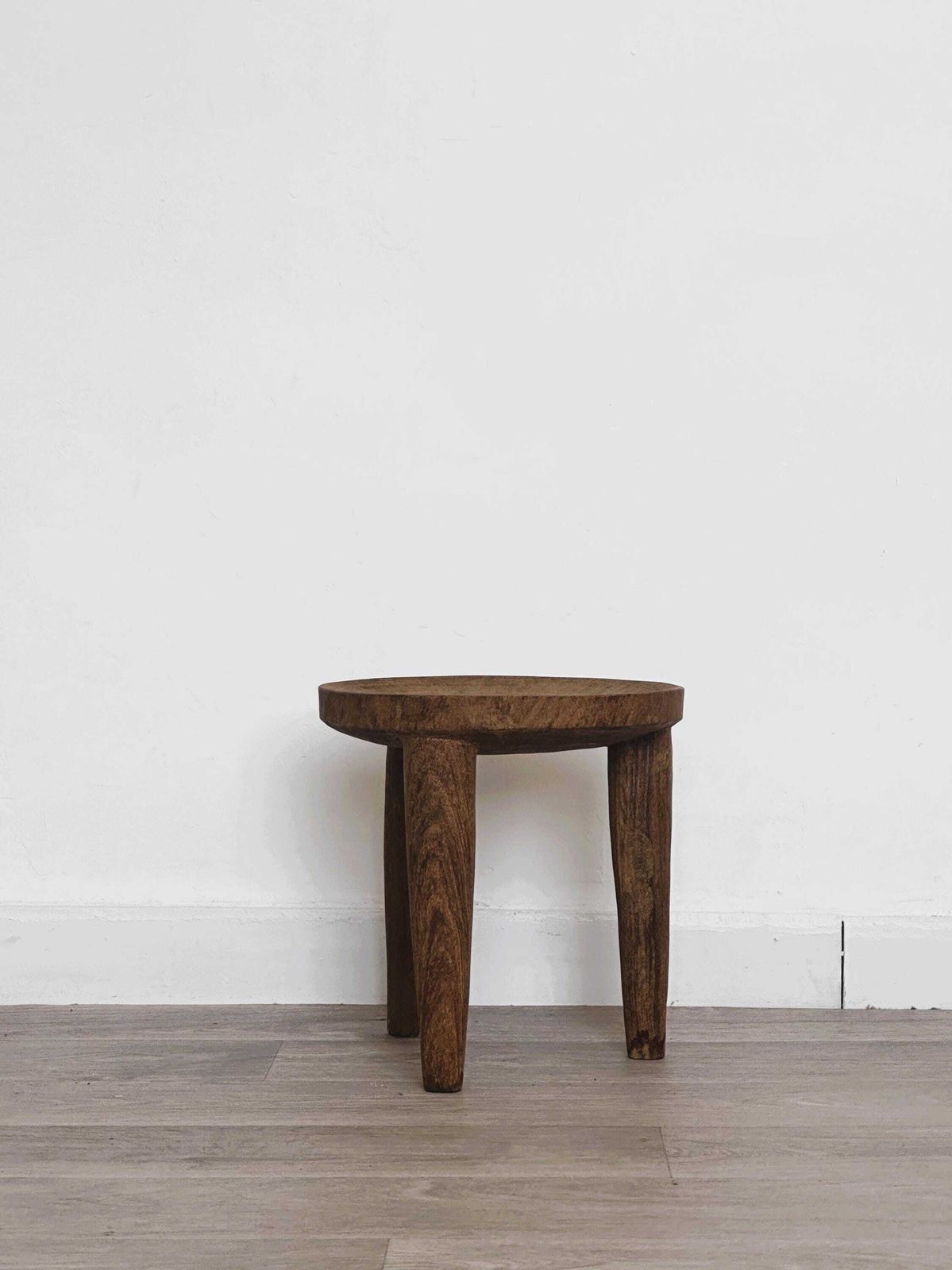 Small Old Stool In Raw Wood Carved From A Single Trunk, Natural And Vintage Decor, Authentic And Rustic Occasional Bench