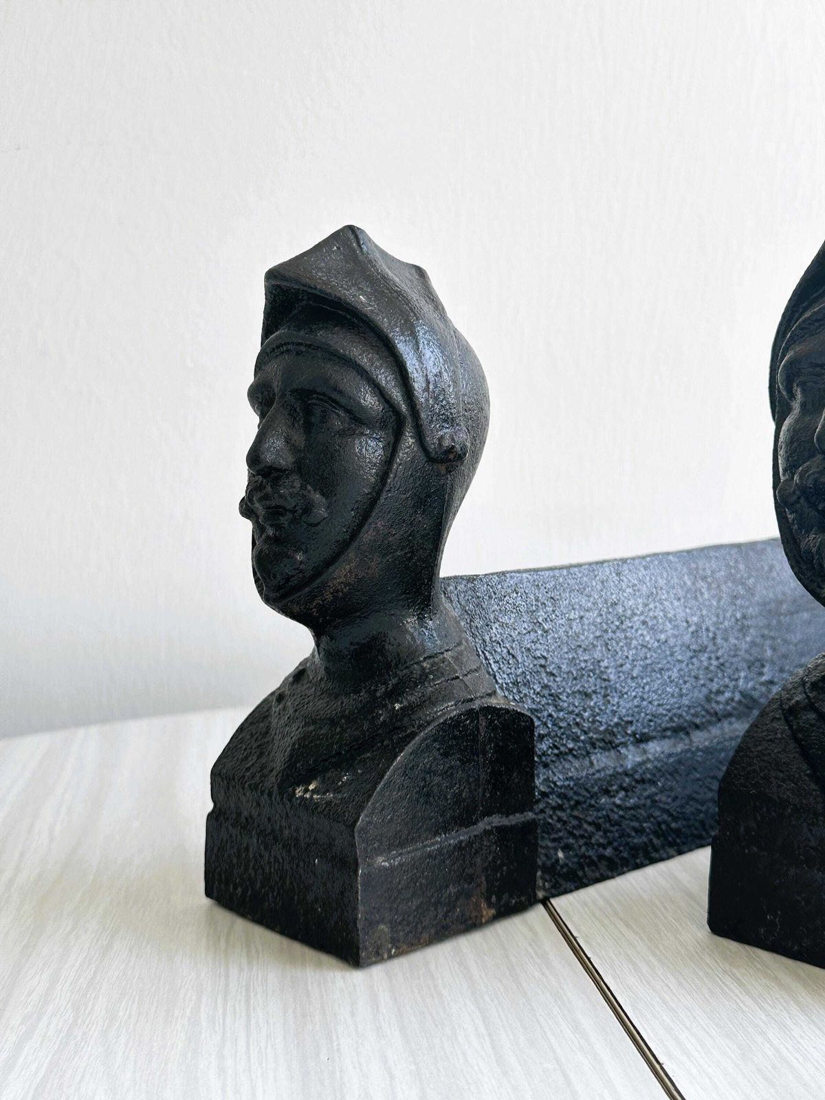 Pair Of Antique Cast Iron Andirons, 19th Century Military Busts, Fireplace Accessories, Country House Decoration, Timeless Object photo furniture